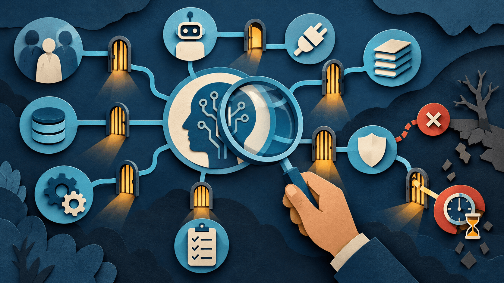 How to Run a Quarterly AI Permissions Audit Abstract paper-cut editorial illustration of an AI access map being inspected across users, service identities, connectors, knowledge stores, action scopes, logs, revocation, and expiring exceptions