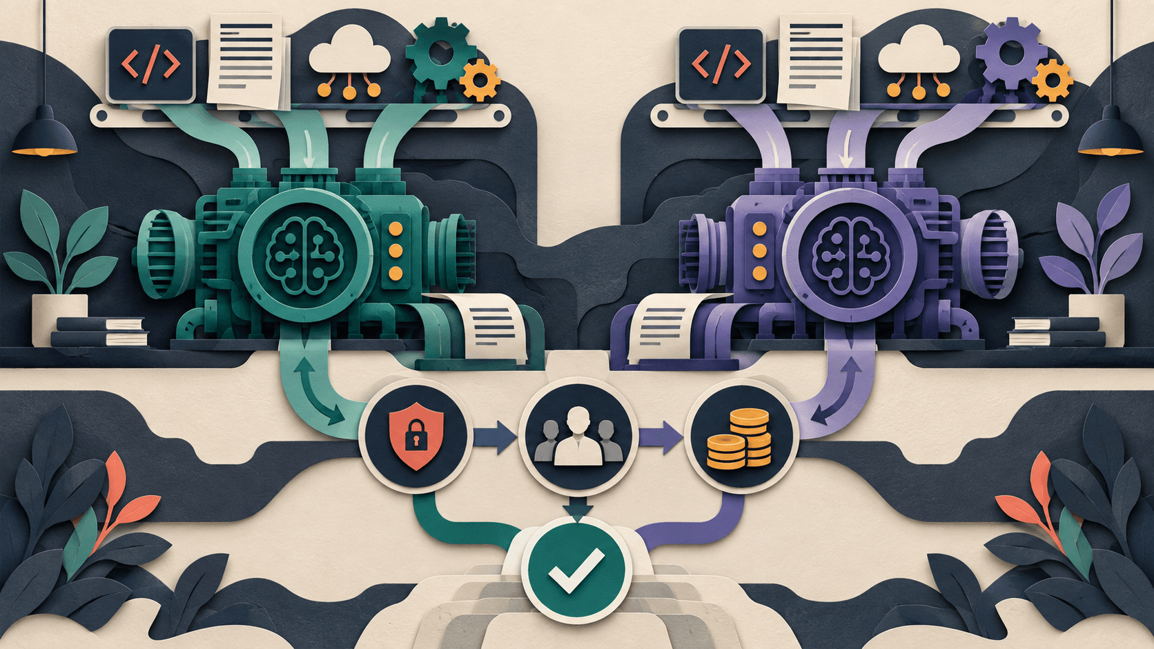 Qwen3.8-Max and Kimi K3 business comparison Paper-cut editorial illustration comparing two model pathways across code, long documents, cloud deployment, security controls, and accepted-task cost
