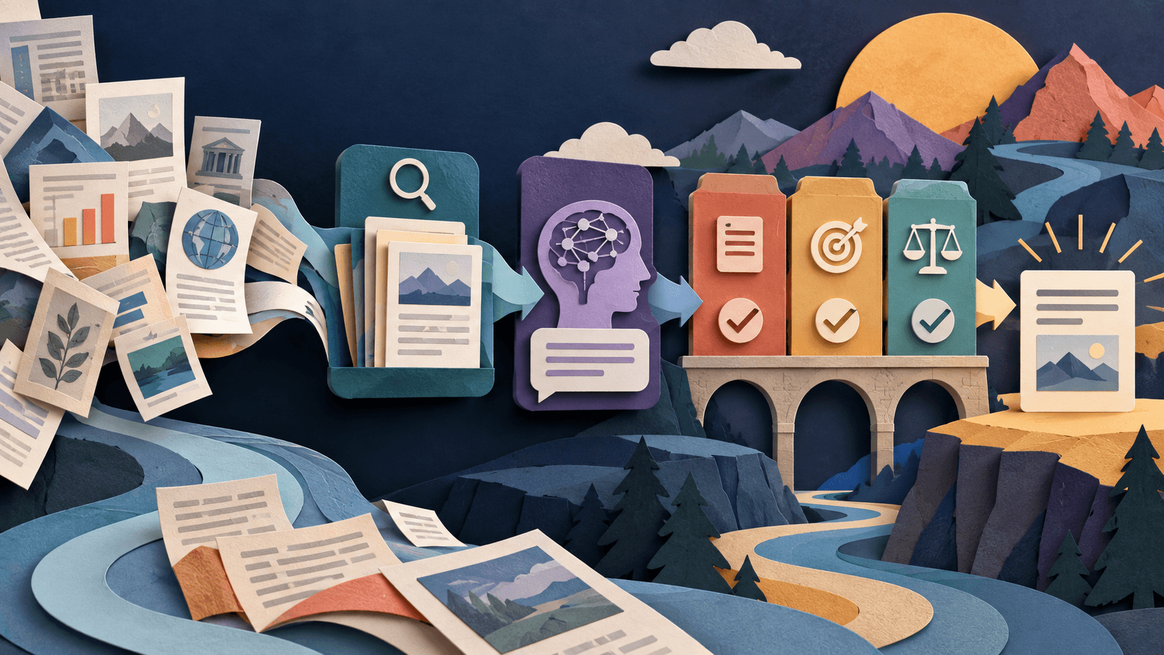 Ragas Review 2026: RAG Evaluation, Cost, and Limitations Paper-cut editorial concept showing retrieval passages and generated answers passing through grounded evaluation rubrics