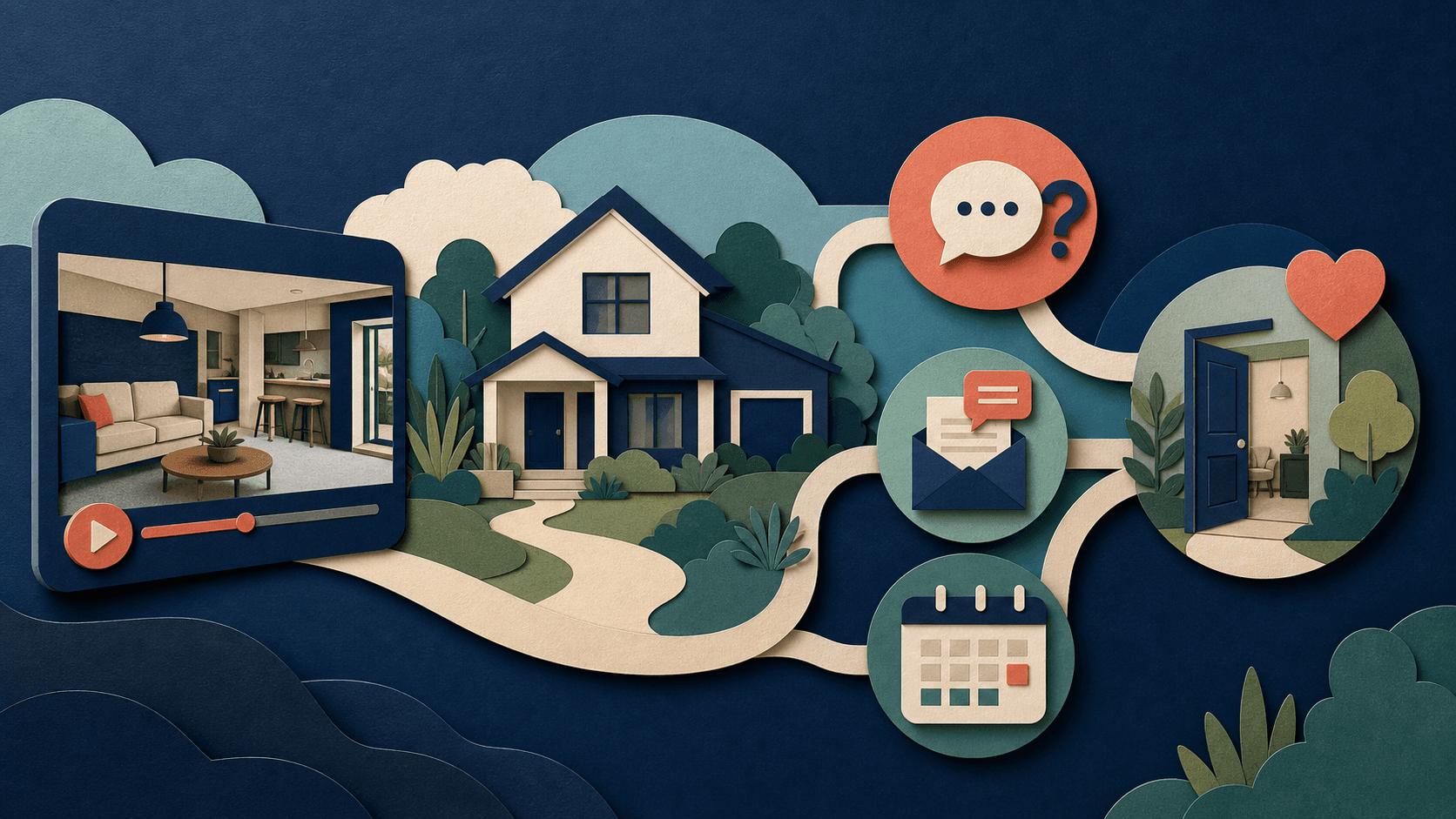 Real estate video follow-up scripts Editorial illustration of a property tour video leading to buyer questions, messages, appointments, and a home visit