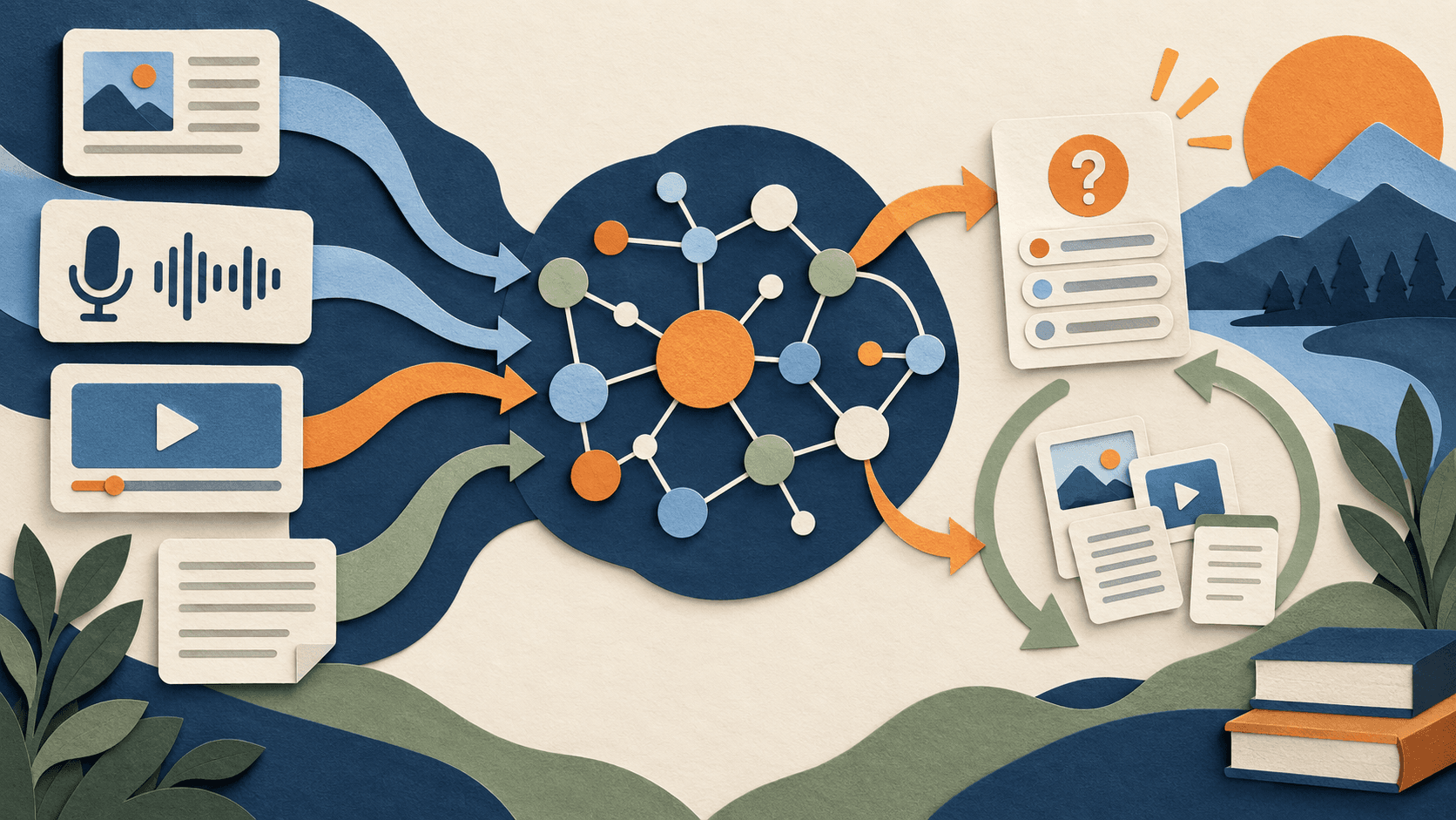 A personal knowledge library moving from capture to recall Articles, audio, video, and notes entering a connected memory graph and returning as questions and review cards