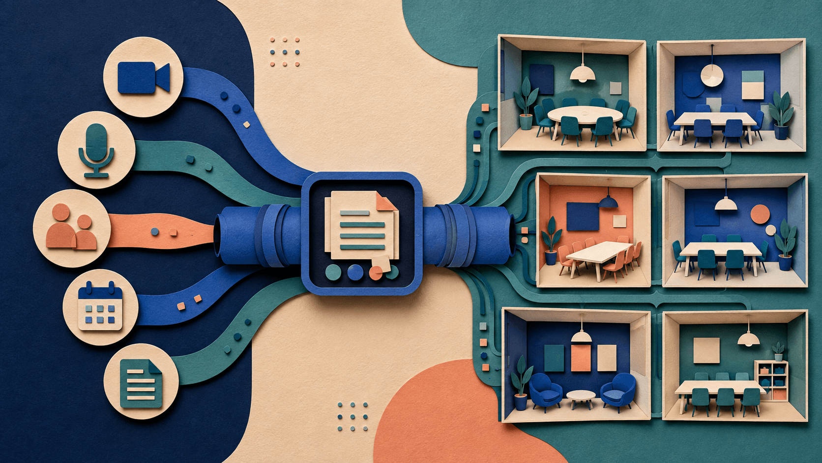 Recall.ai Review 2026: Meeting Bot API Pricing and Reliability Paper-cut meeting rooms feeding audio, video, participants, calendar, and transcript data into an API pipeline