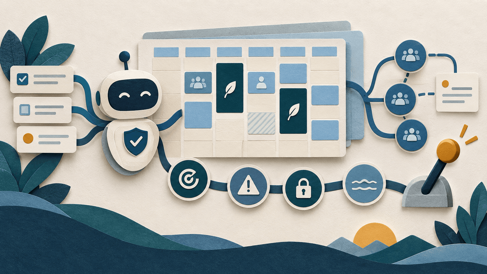 reclaim ai review 2026 Paper-cut editorial illustration of an adaptive calendar passing through priority, conflict, privacy, and human-override controls