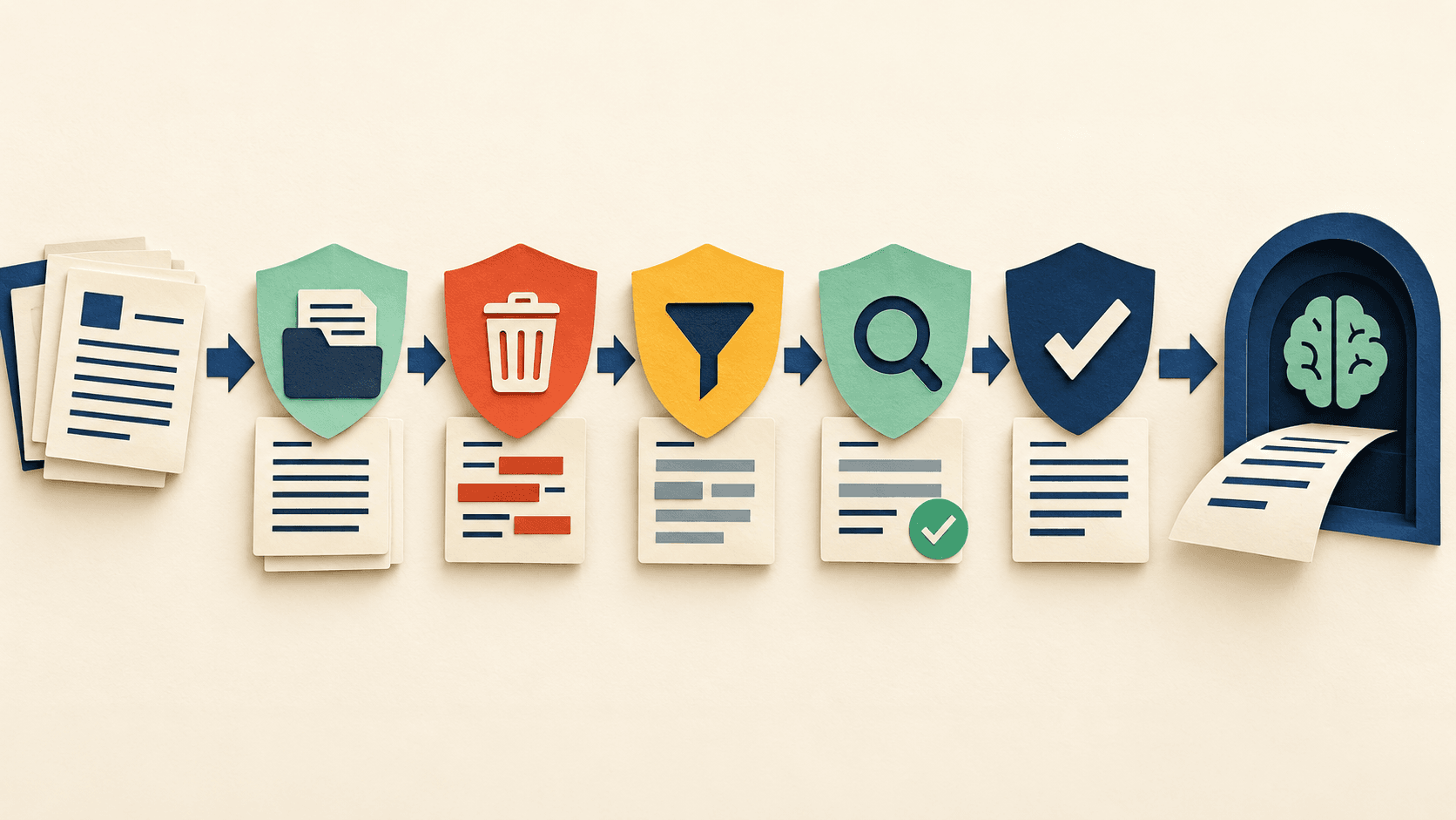sensitive documents passing through minimization, redaction, verification, and approval Paper-cut editorial illustration of sensitive documents passing through minimization, redaction, verification, and approval