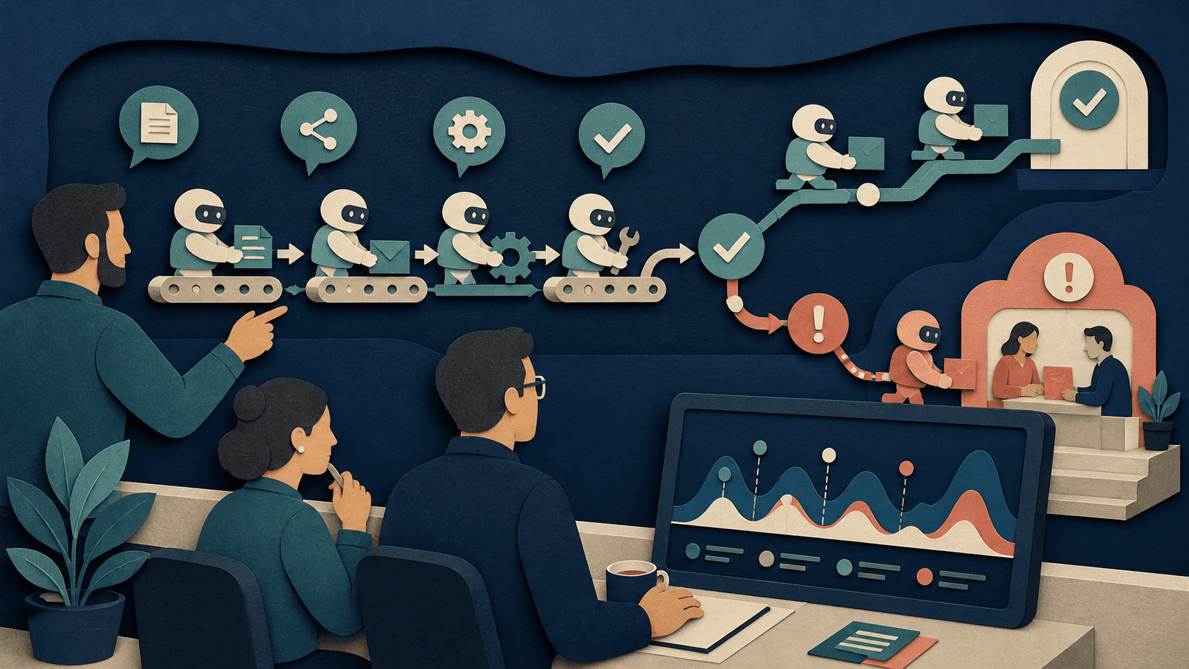 Relevance AI agent workforce review Paper-cut illustration of a human-supervised AI agent workforce moving tasks through tools, approvals, and escalations