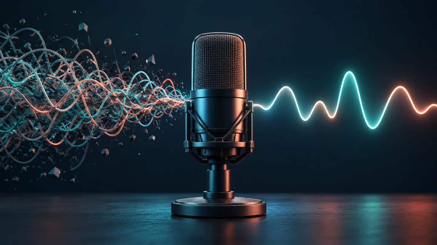 A microphone with tangled noisy waves becoming one smooth audio waveform