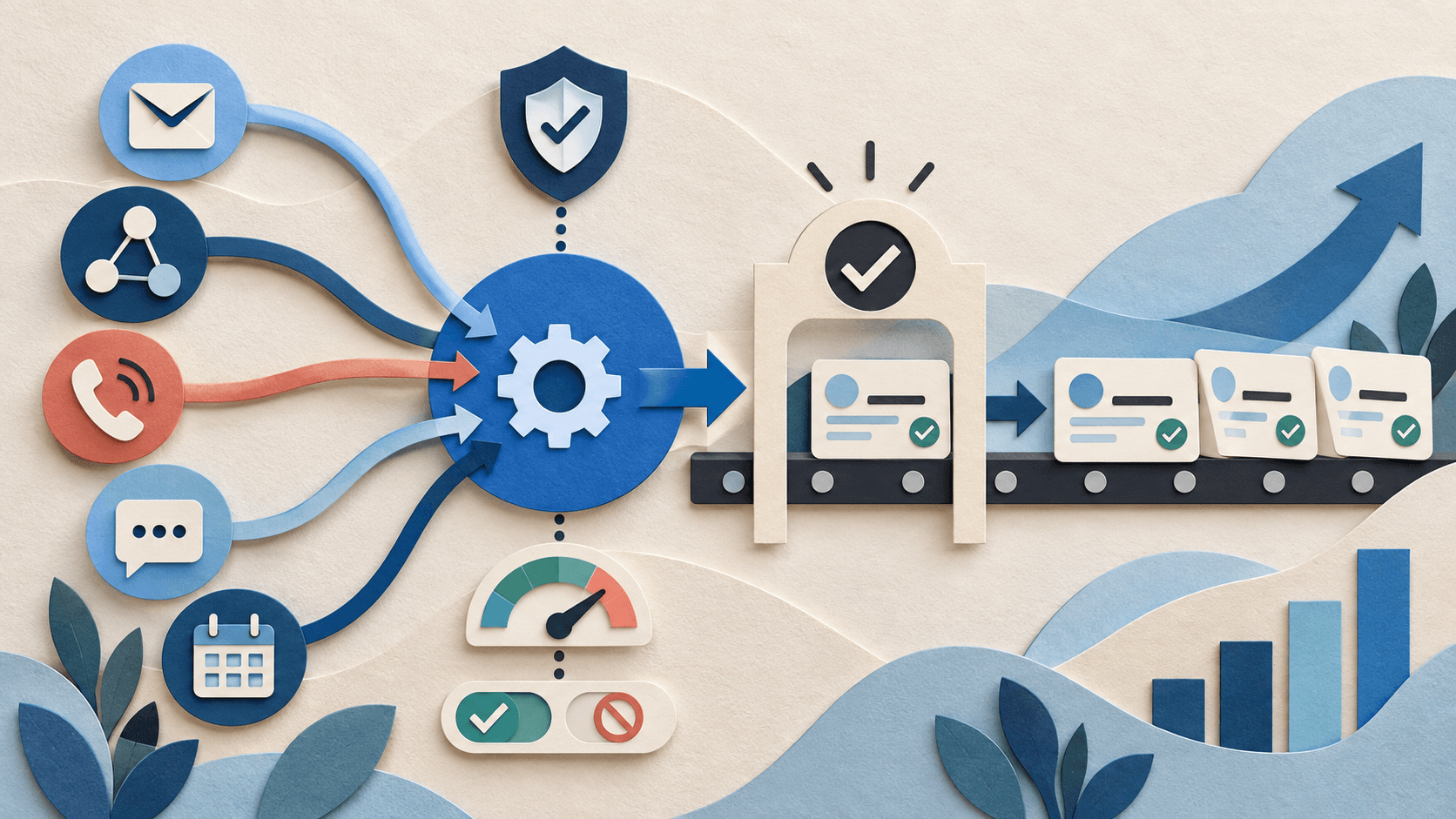 Reply.io review: multichannel outreach, Jason AI, and deliverability controls Abstract paper-cut editorial illustration of email, professional-network, phone, message, and calendar signals passing through an approval gate into a sales pipeline