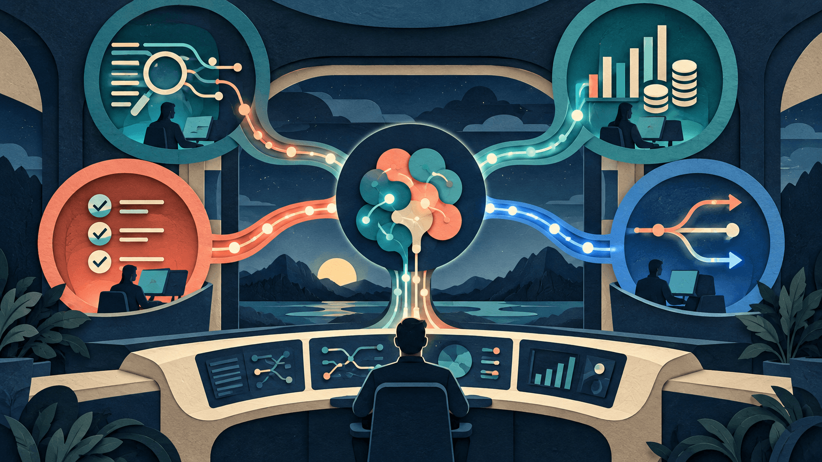 Respan Review 2026: LLM Gateway, Observability, Evals, and Pricing Paper-cut control room routing model calls through trace, evaluation, cost, and fallback stations