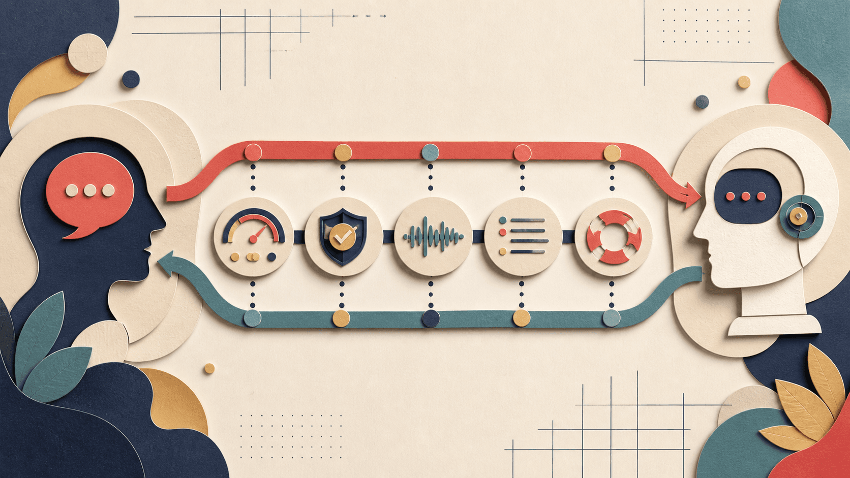 Retell AI Review 2026: Voice Agent Pricing, Compliance, and Fit Paper-cut illustration of a two-way AI call passing through latency, safety, transcript, escalation, and quality checkpoints