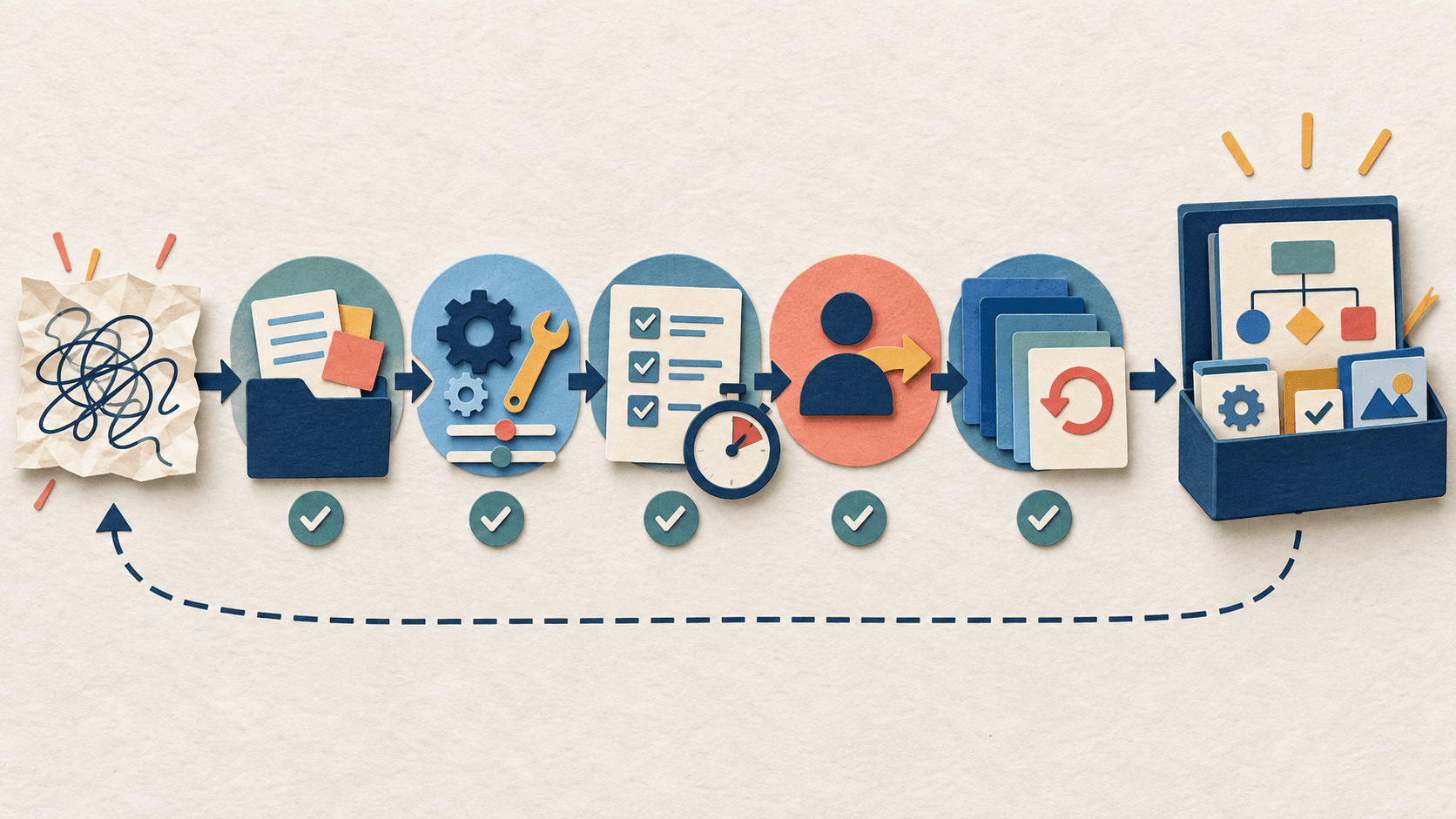 Turn an AI Task Into a Reusable Team Workflow Paper-cut editorial illustration of a one-off AI task becoming a versioned workflow through inputs, scoped tools, acceptance checks, ownership, and rollback