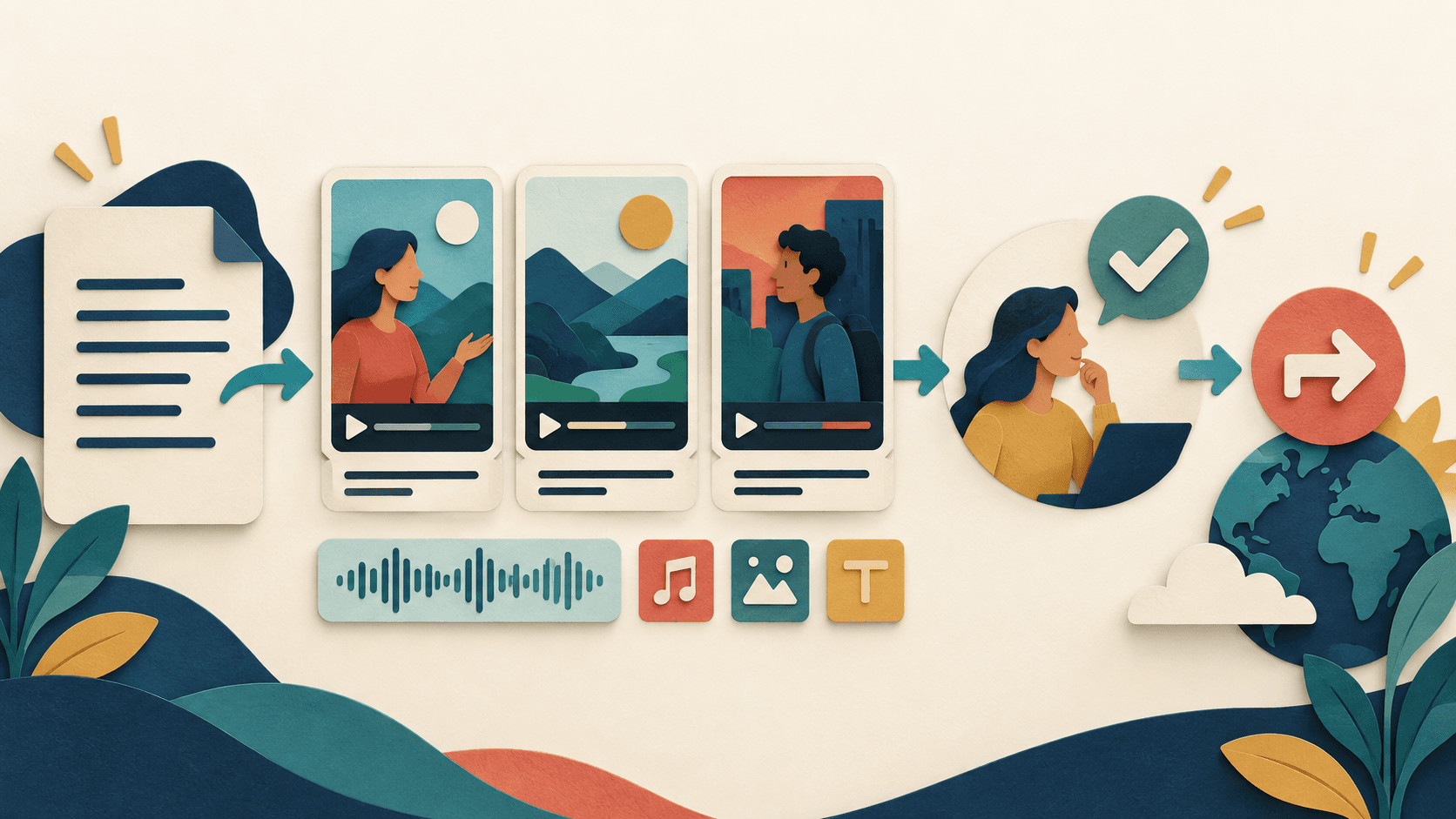 Revid AI review Layered paper script becoming vertical video scenes with captions, credit tokens, and an approval gate