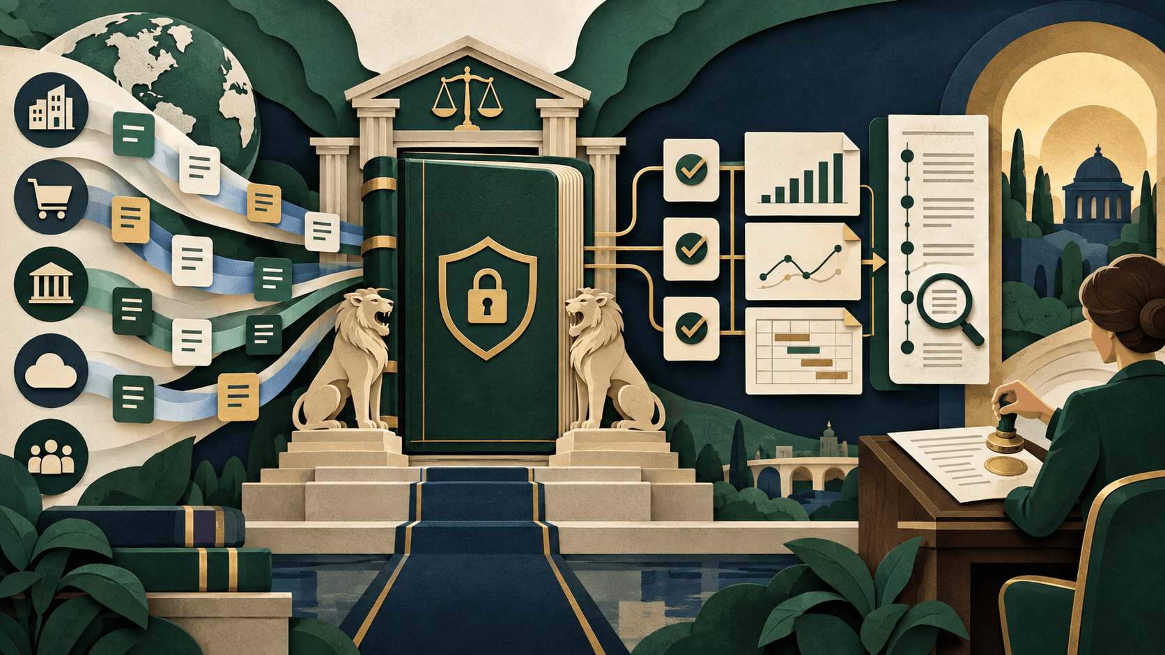Rillet Review 2026: AI-Native ERP, Pricing, and Accounting Fit Paper-cut protected accounting ledger receiving transactions through reconciliation checks and human approval