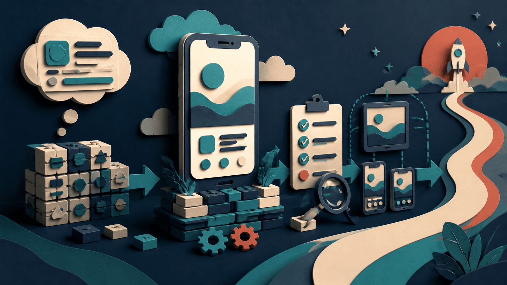 Rork AI mobile app builder review Paper-cut editorial illustration of a mobile application moving from modular idea blocks through testing to an app launch