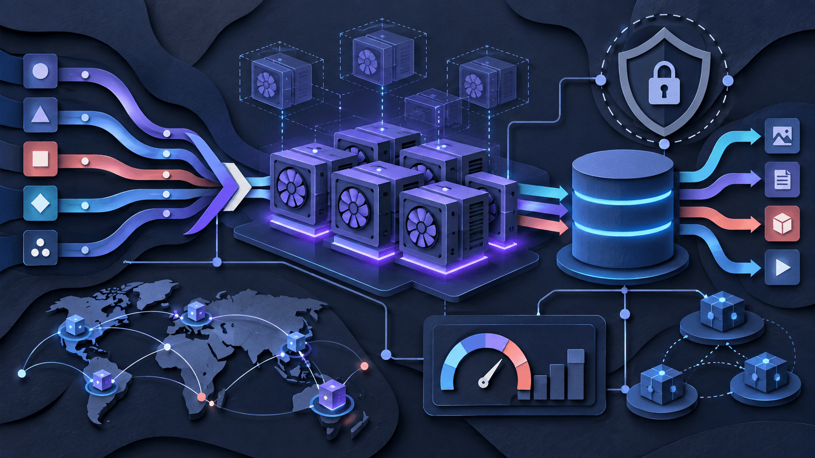 RunPod review: GPU Pods, Serverless scaling, storage, and controls Abstract paper-cut editorial illustration of modular GPU tiles receiving request streams through an autoscaling worker pool beside persistent storage, regional links, a cost meter, and a security boundary