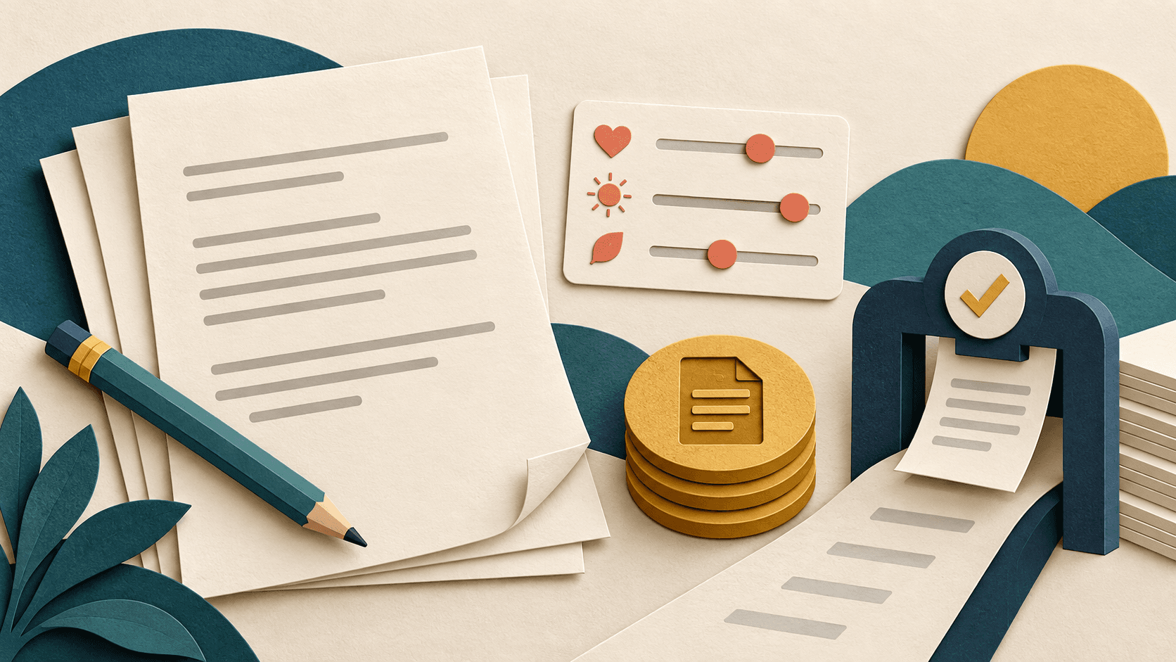 Rytr review Layered paper drafts with a teal pencil, tone sliders, character-budget tokens, and an editorial review gate