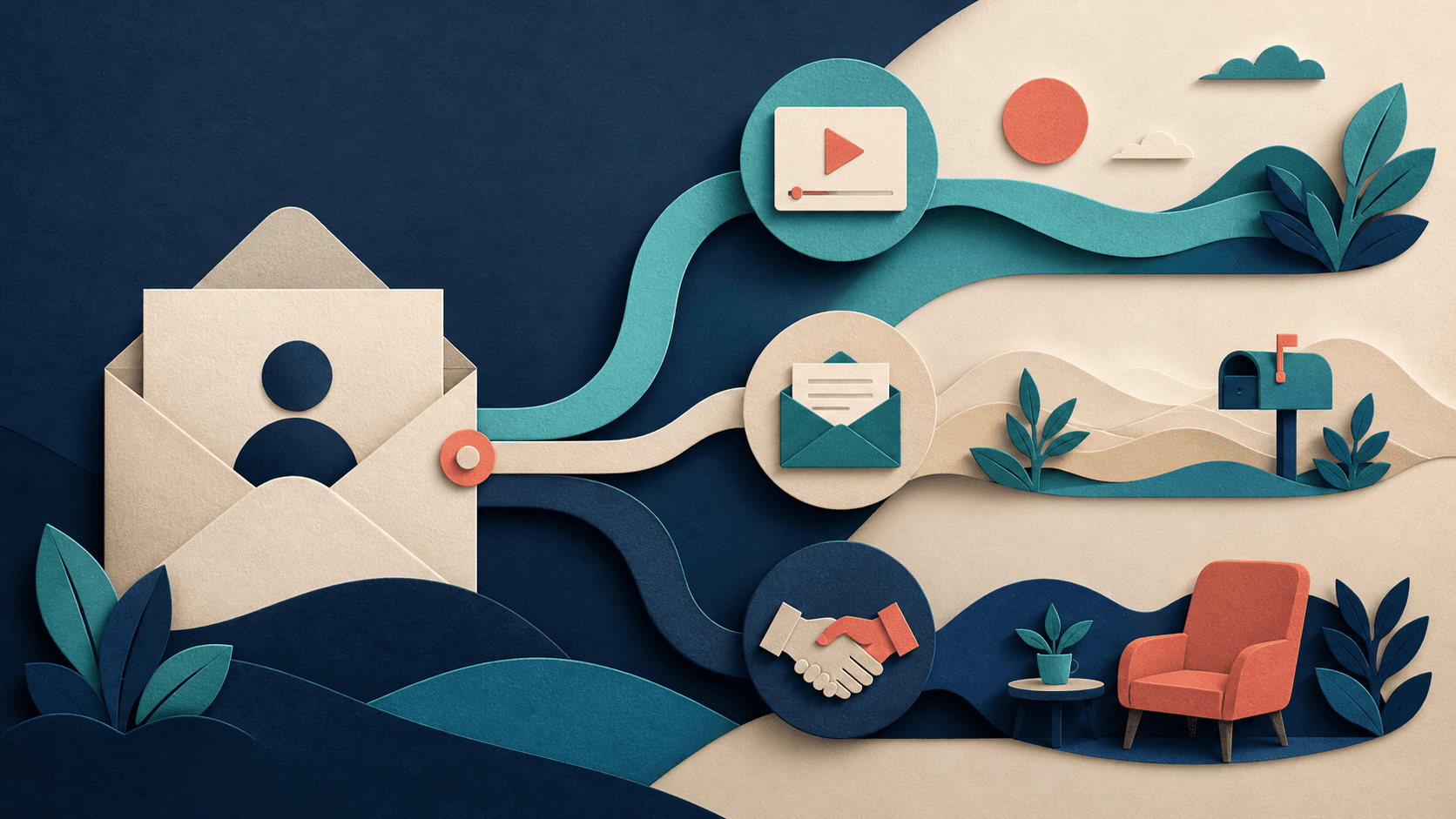 Sales video follow-up sequence Editorial illustration of a personalized sales video branching into measured email and human follow-up steps