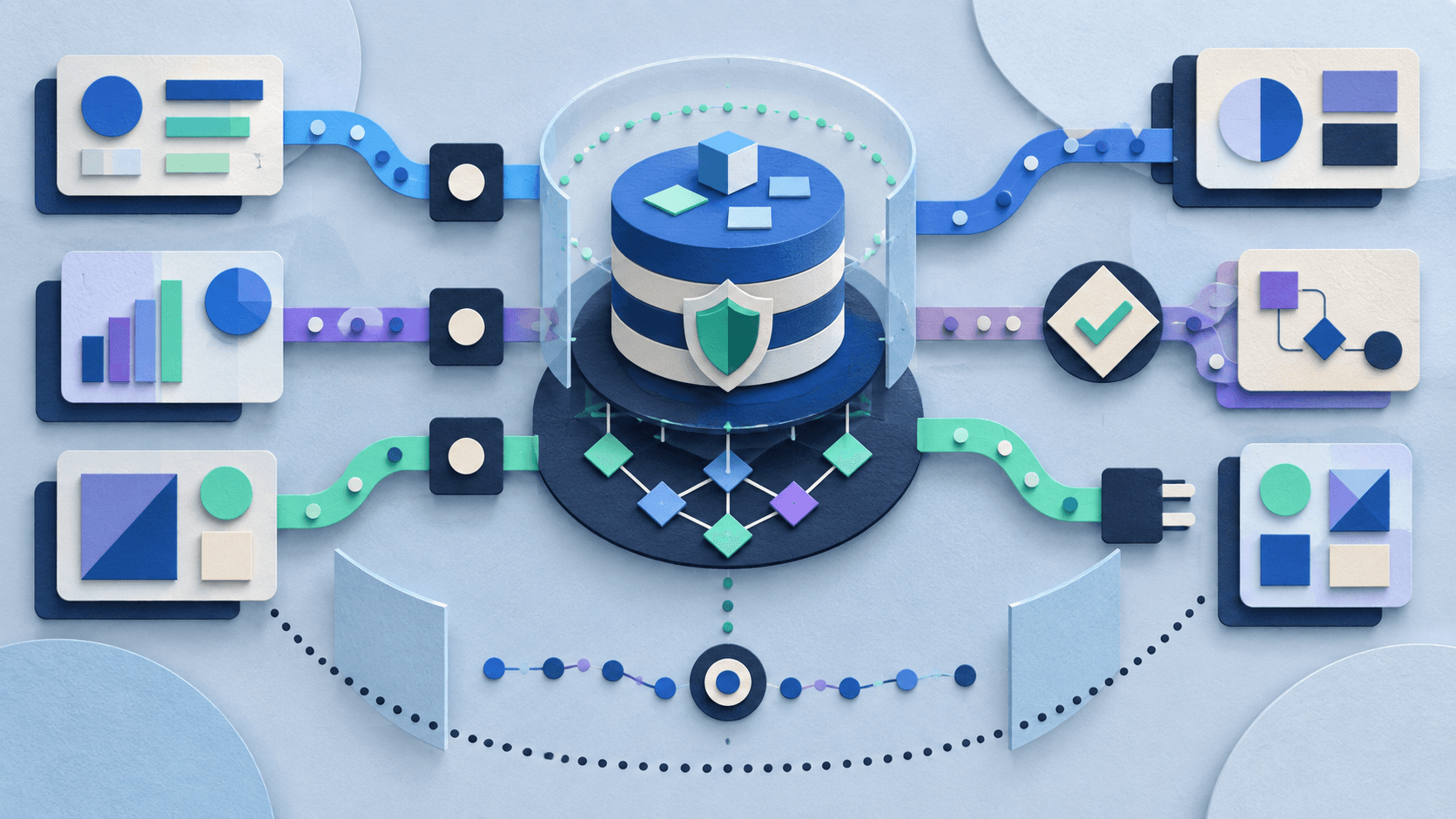 A governed CRM core routes through headless AI interfaces Paper-cut data core with permission gates, audit trails, API connections, and multiple abstract AI work surfaces