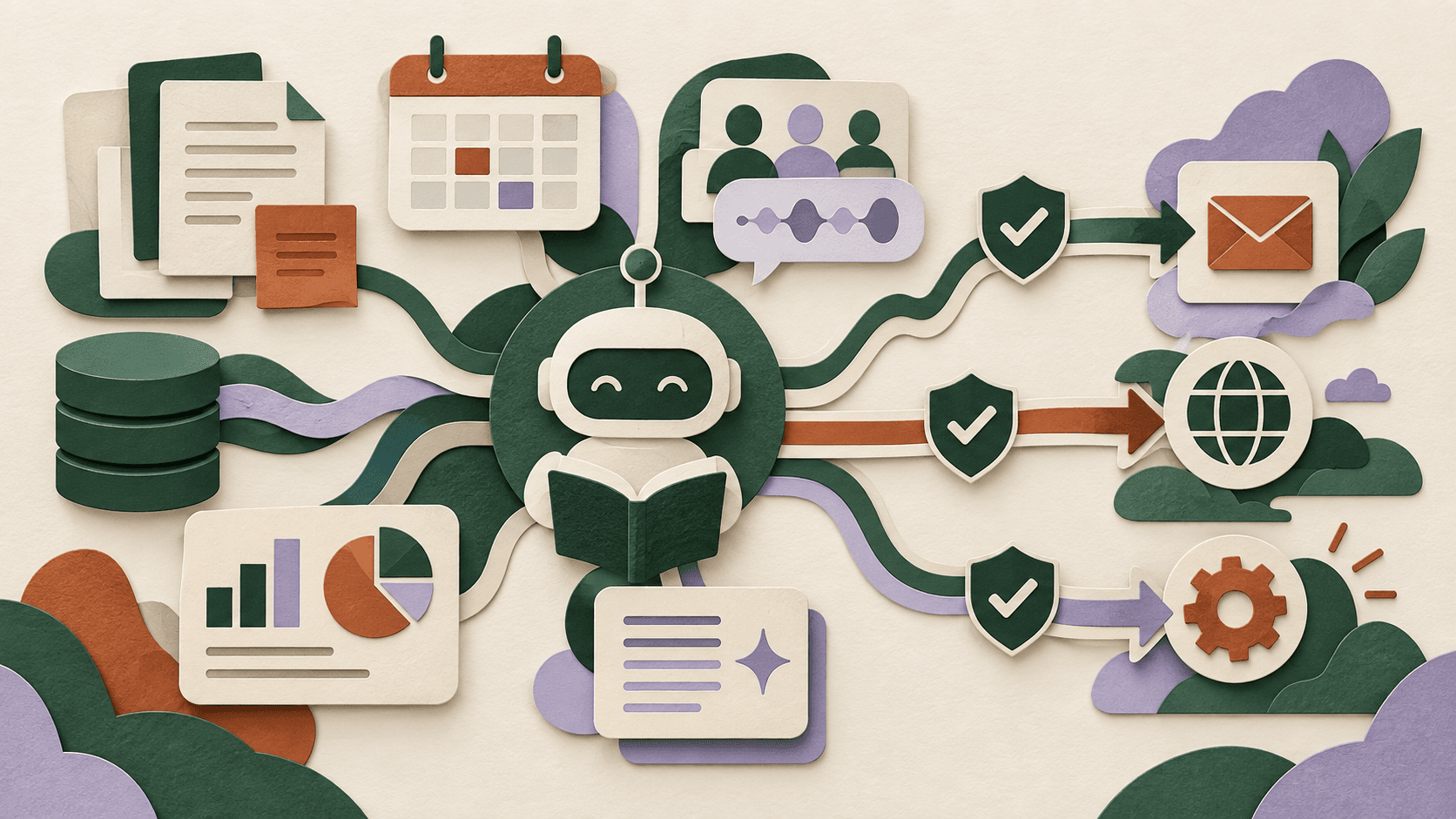 Sana Agents Review 2026: Workplace AI, Pricing, and Security Paper-cut editorial concept showing workplace knowledge, meetings, documents, analytics, and external actions connected through approval gates