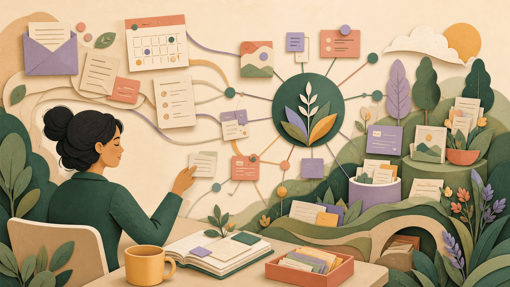 Saner.AI personal knowledge assistant review Paper-cut illustration of a person connecting notes, tasks, email, calendar, and research into an organized knowledge garden