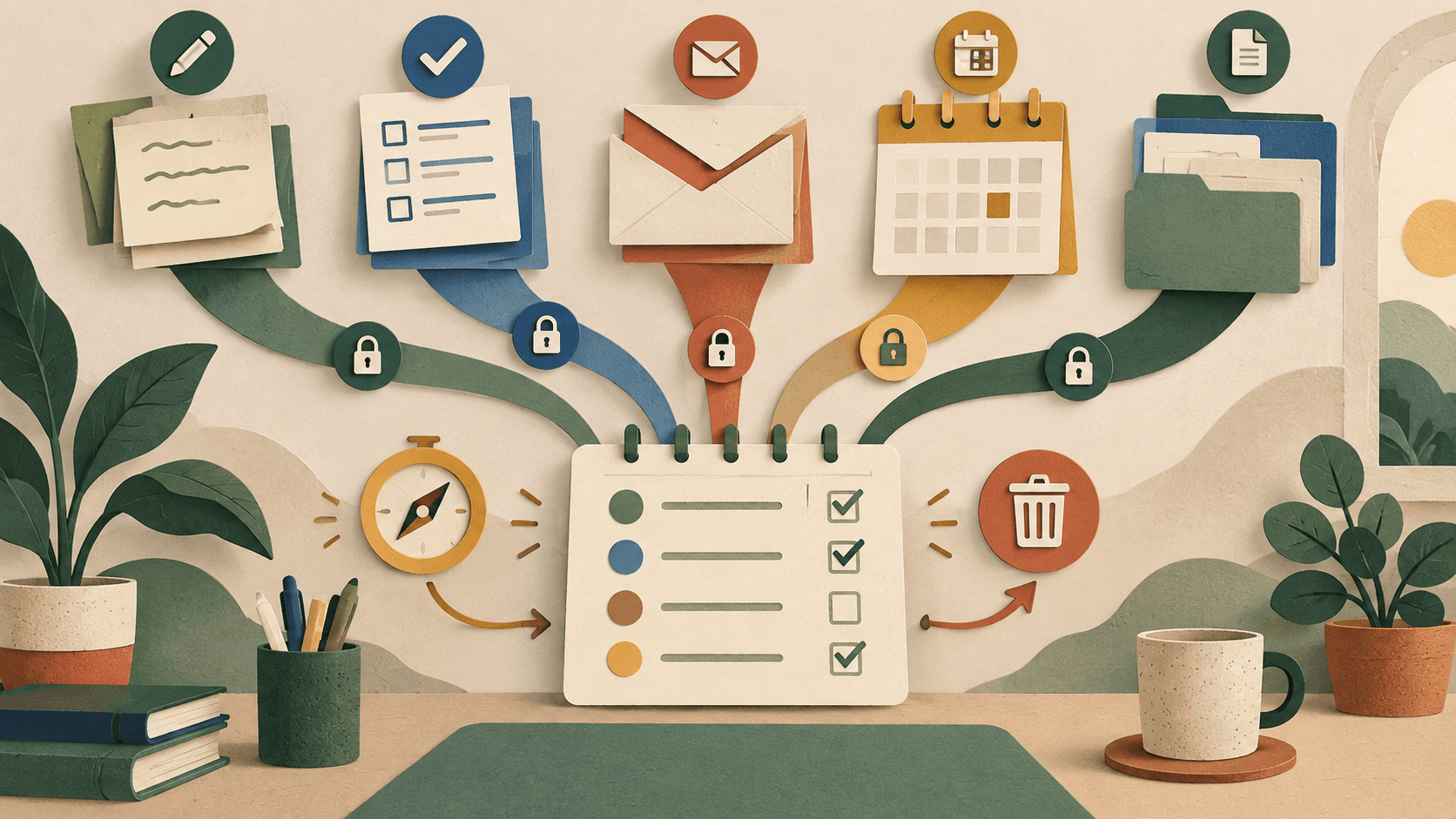 Saner.AI Review 2026: Notes, Tasks, Email, Pricing & Privacy Paper-cut editorial illustration of notes, tasks, email, calendar, and files converging into a calm daily plan with source, permission, priority, and deletion controls