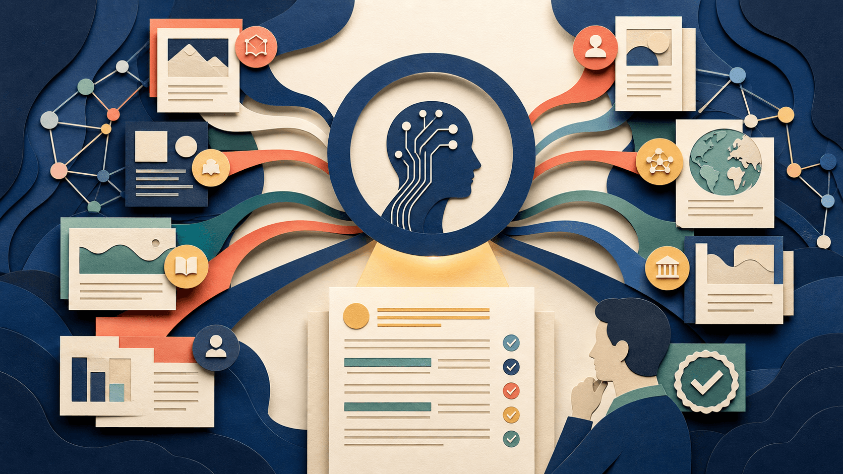Scira AI Review 2026: Pricing, Sources, Privacy, and Fit Paper-cut illustration of many research sources converging through an evidence lens into a reviewed answer