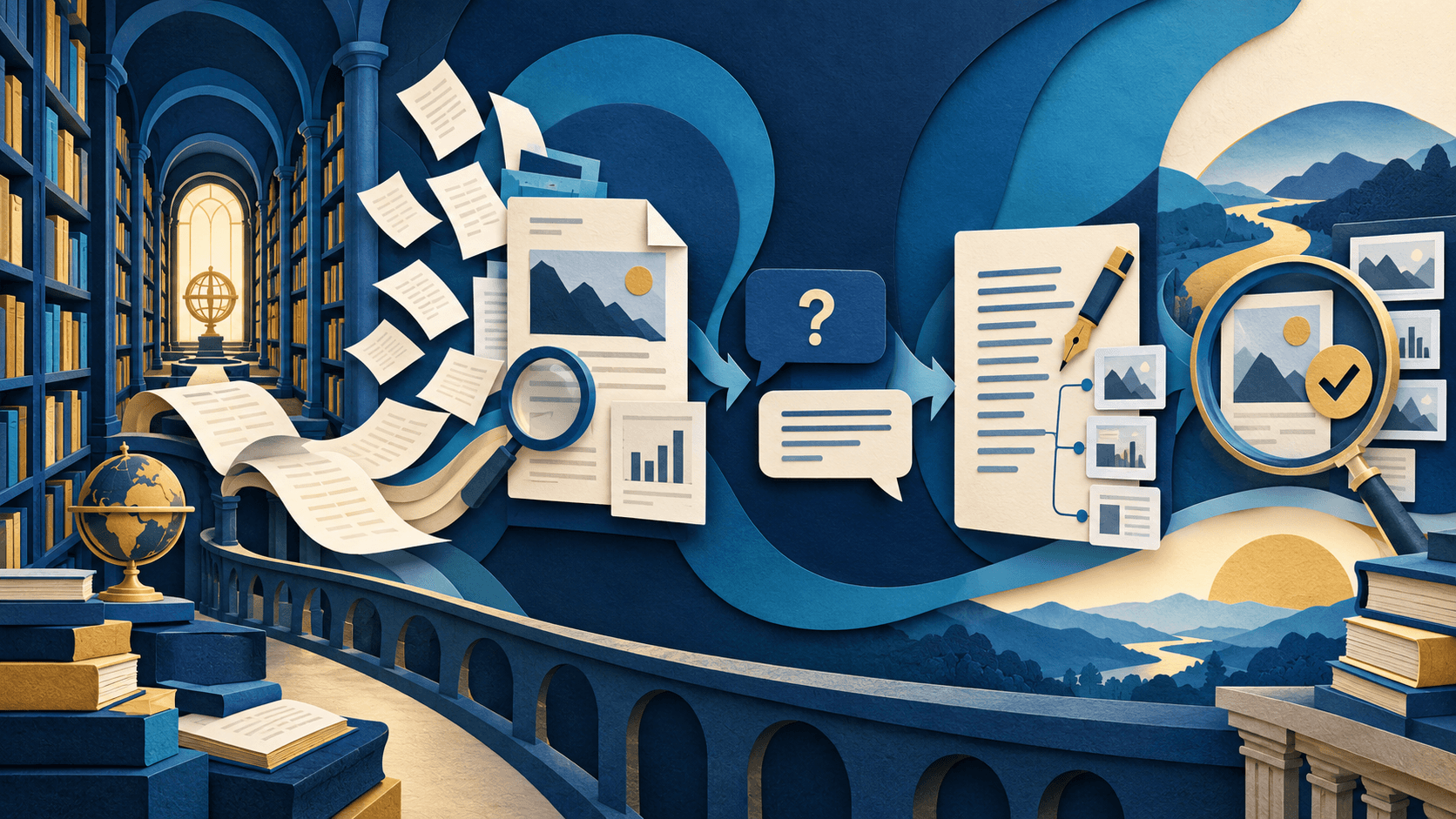 A scholarly library moving through discovery, PDF questions, cited drafting, and evidence verification A scholarly library moving through discovery, PDF questions, cited drafting, and evidence verification