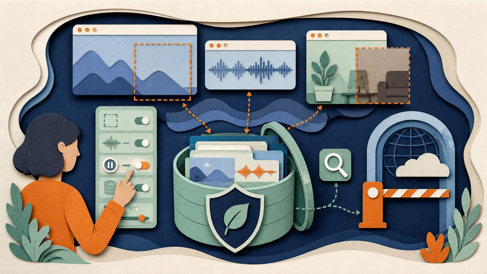 screenpipe local AI memory review Paper-cut illustration of local screen and audio memory with capture filters, search, pause controls, and an outward connection gate