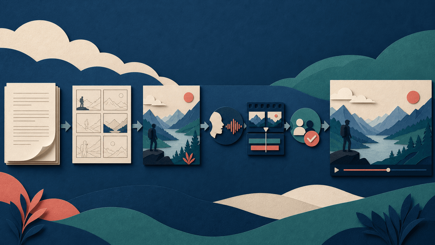 Script-to-video AI production workflow Editorial illustration of a script moving through storyboard, scene, voice, edit, and human approval stages into a finished video