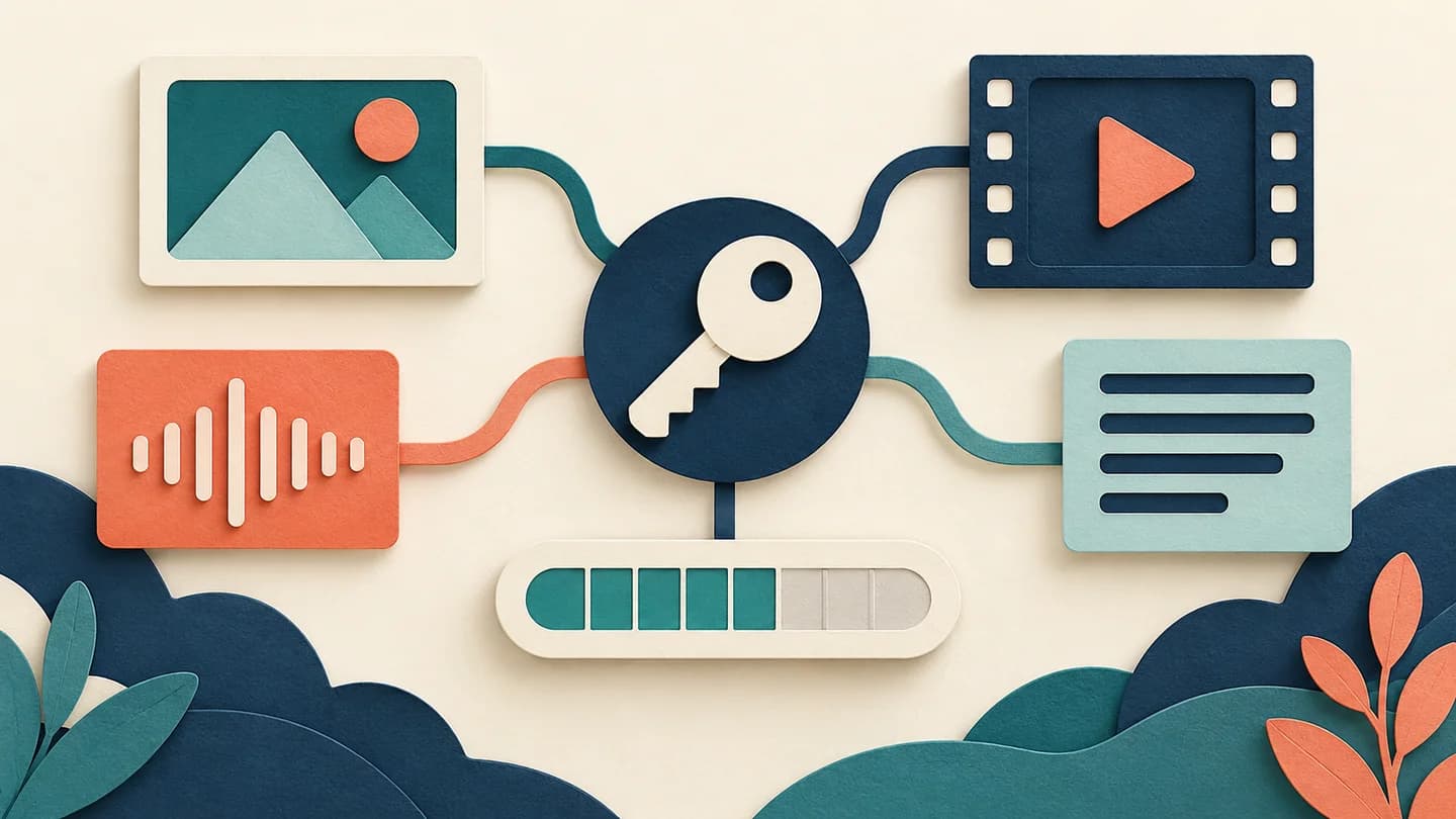 SeedRouter Review 2026: One API, Billing and Data Paths One API key connecting media cards beside a usage meter