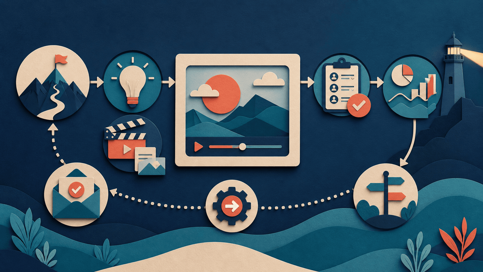 Agency client video update and prospecting workflow Editorial illustration of campaign strategy becoming client video updates, approvals, performance review, and documented next actions