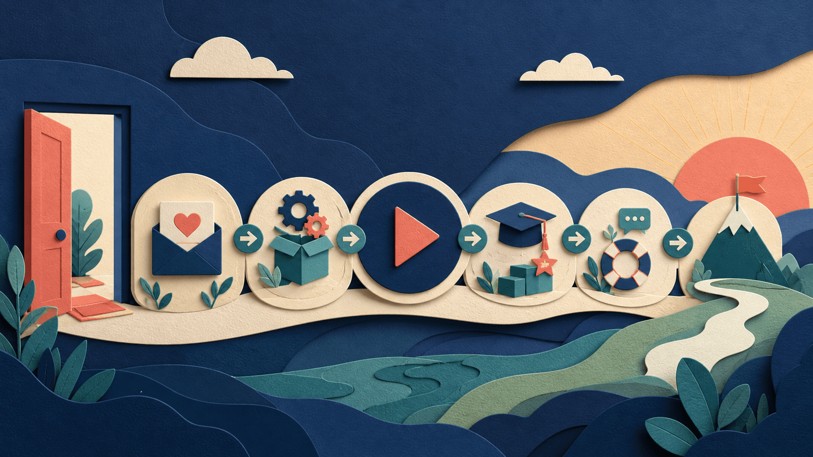 Customer onboarding video playbook with Sendspark Editorial illustration of a new customer moving through welcome, setup, milestone education, support, and successful product adoption