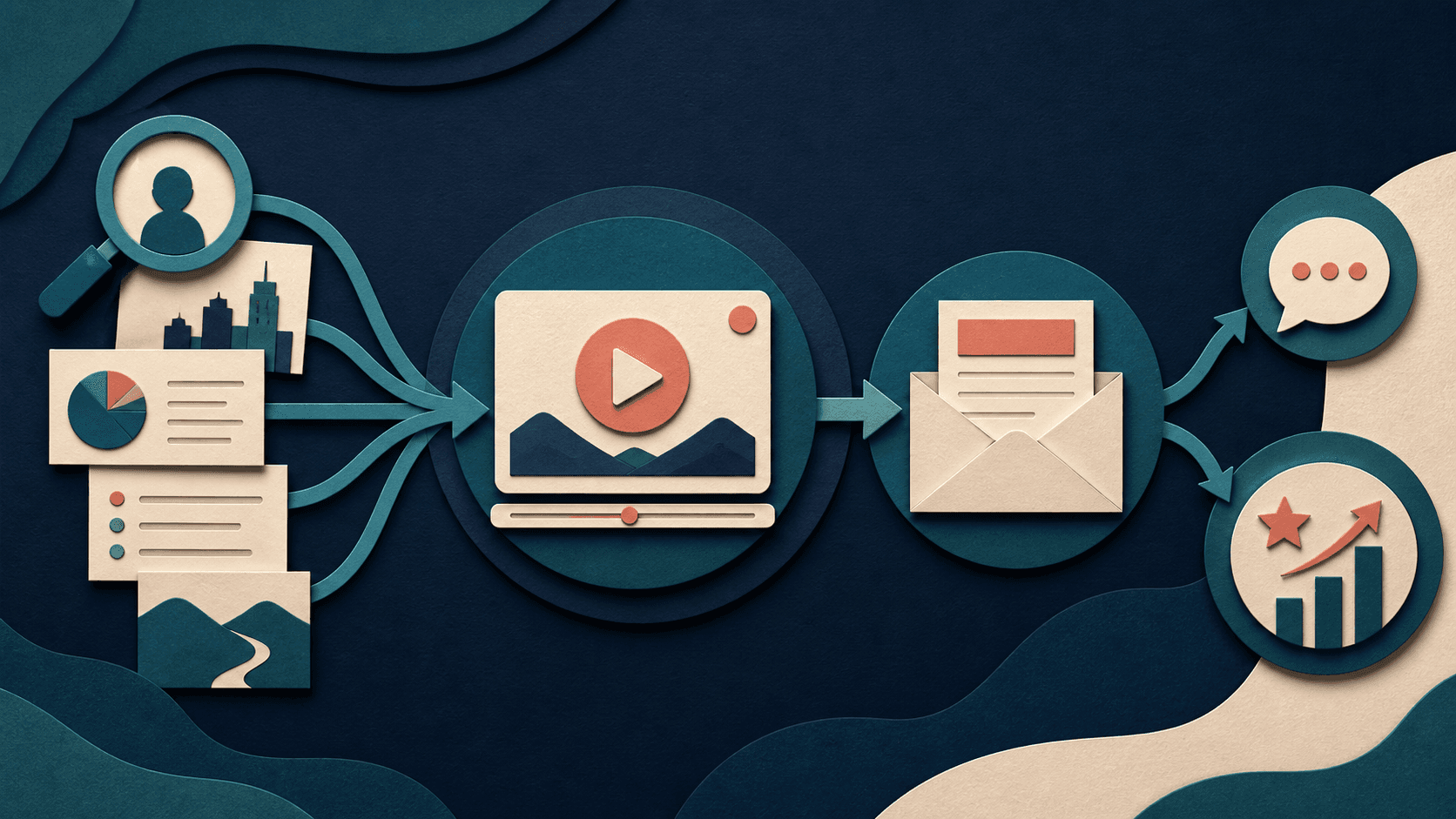 Personalized sales video workflow with Sendspark Editorial illustration of prospect research flowing into a concise personalized video, email delivery, response, and measured sales outcome
