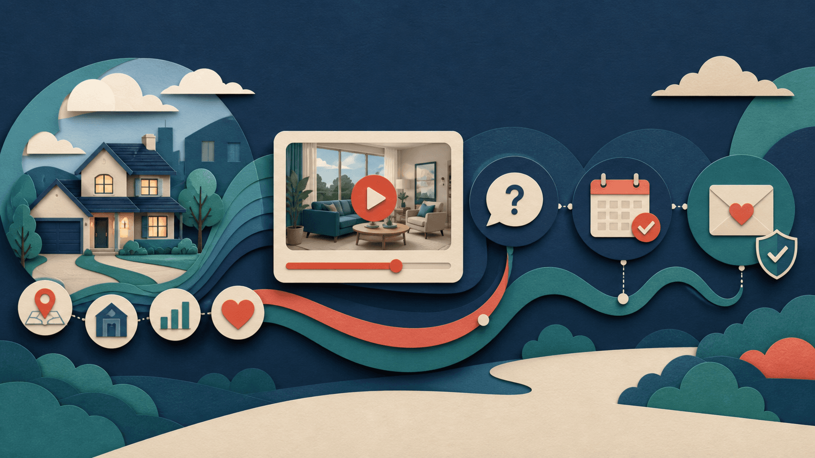 Real estate personalized video email workflow with Sendspark Editorial illustration of property context becoming a tailored video that leads to a buyer question, appointment, and permission-aware follow-up