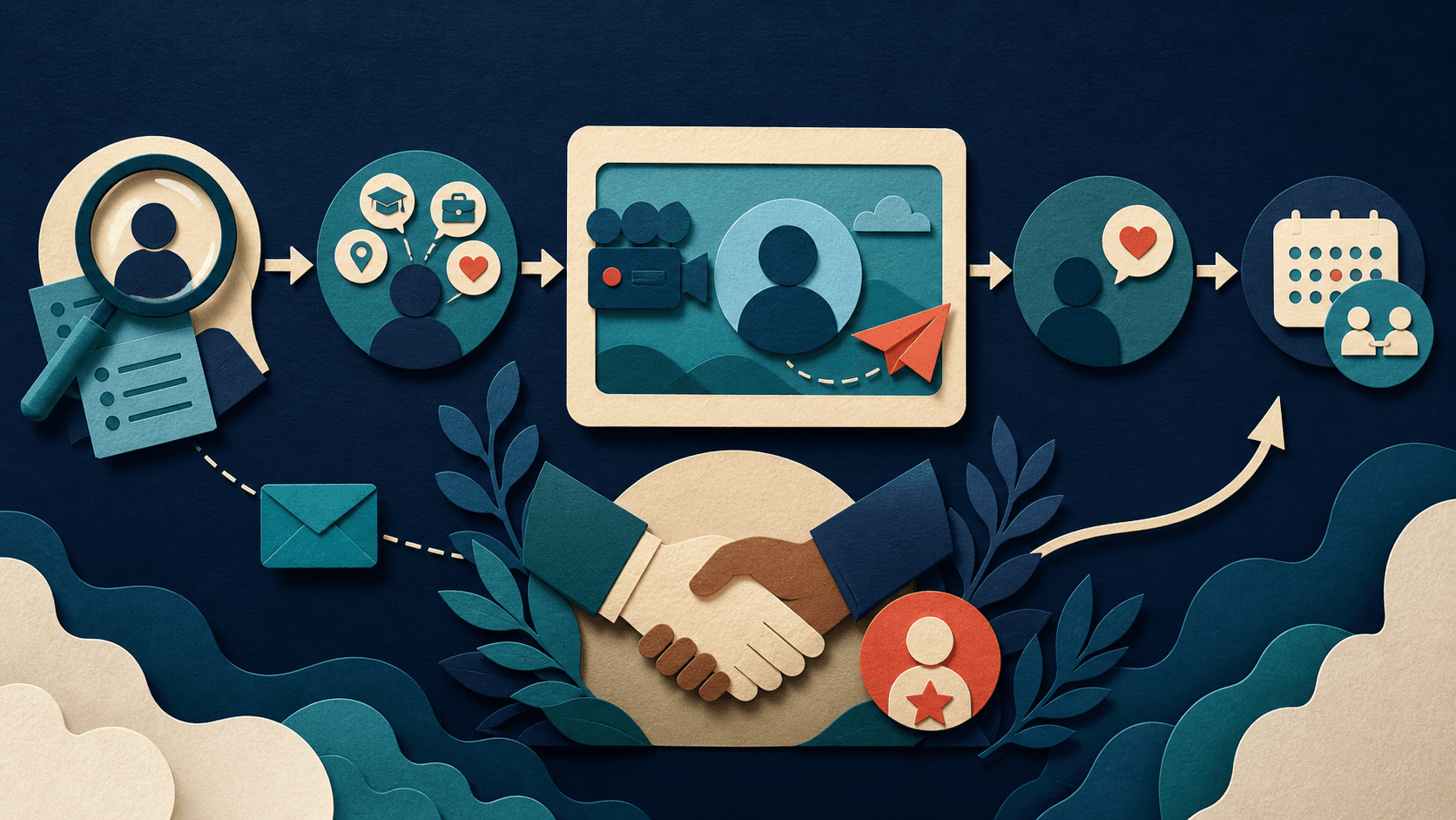 Recruiting video outreach workflow with Sendspark Editorial illustration of role and candidate research leading to a respectful personalized video, reply, interview, and human hiring decision