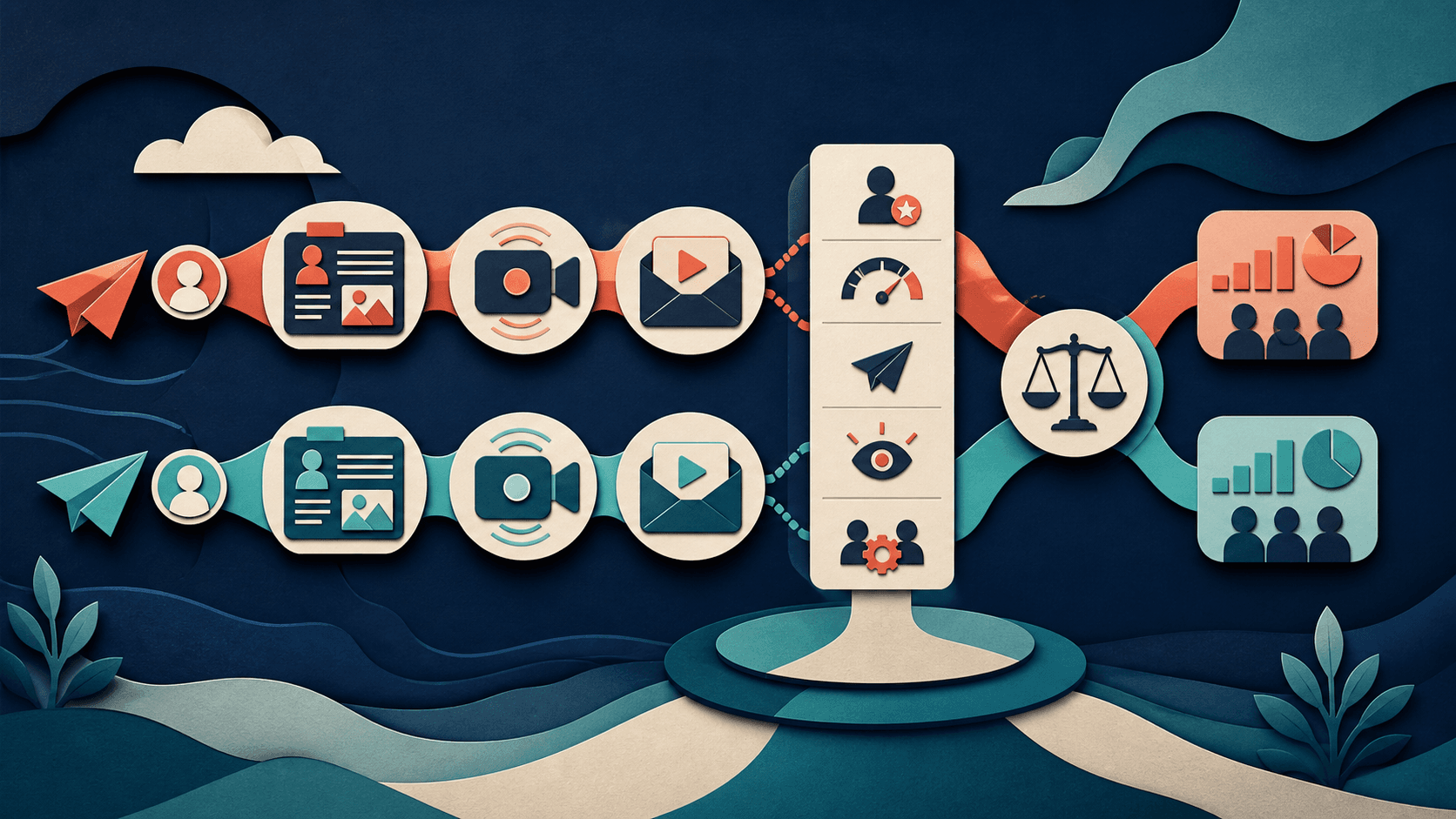 Sendspark vs Loom sales video comparison Editorial illustration of two video outreach lanes compared for personalization, recording friction, sharing, viewer response, and team workflow