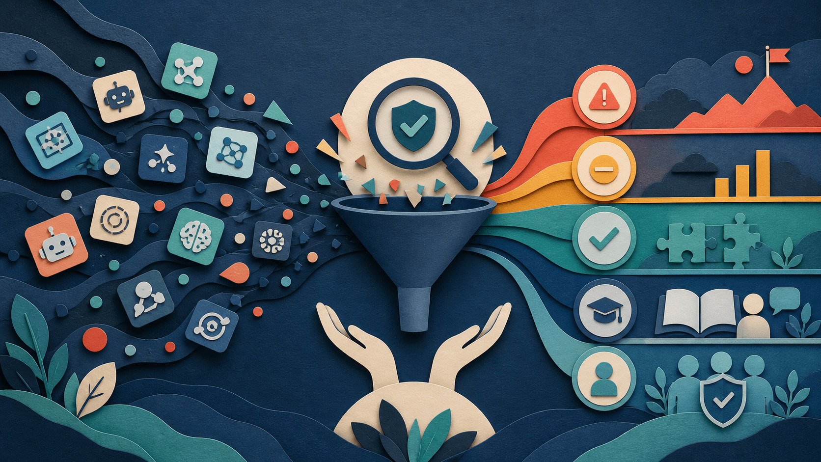Shadow AI audit checklist for responsible workplace governance Editorial illustration of unapproved workplace AI tools moving through a respectful audit into risk tiers, approved alternatives, training, and human oversight