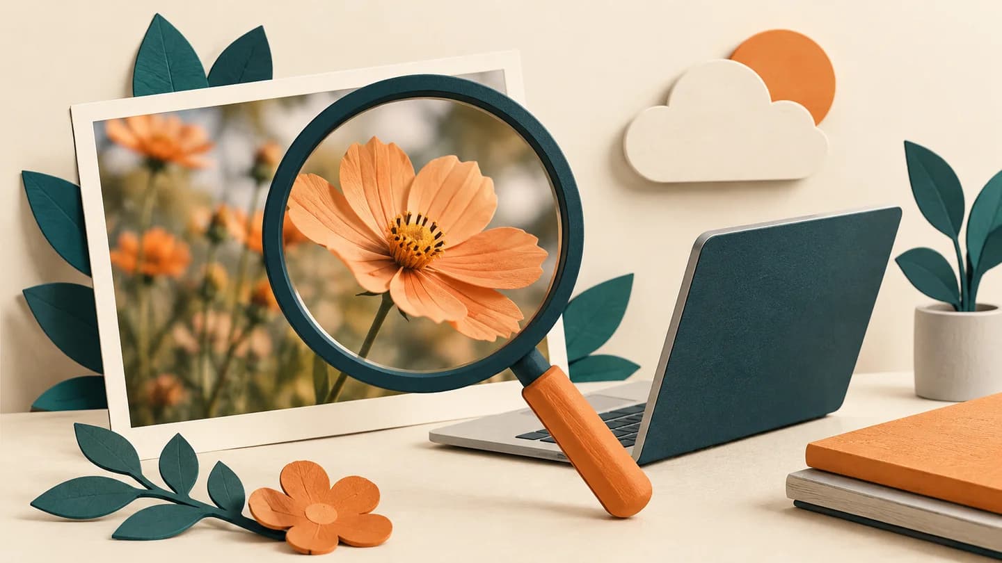 A magnifier inspecting a photograph beside local and cloud processing symbols