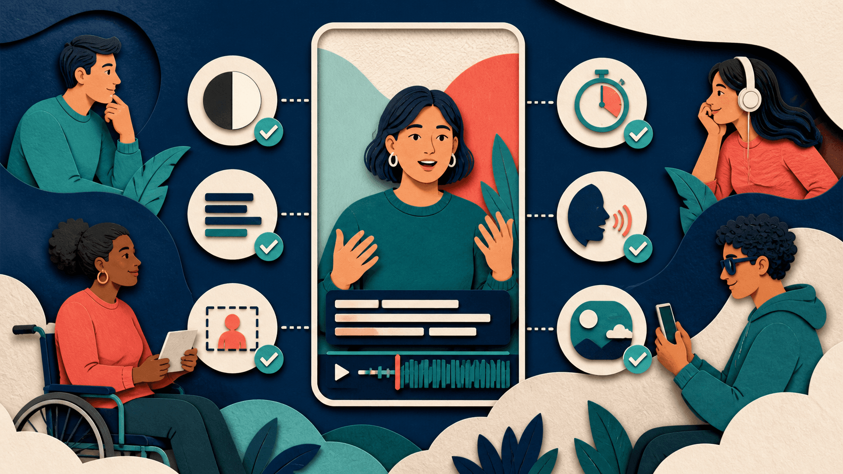 Accessible short-form video captions guide Editorial illustration of vertical-video captions being reviewed for contrast, line length, safe placement, timing, speaker clarity, and readability