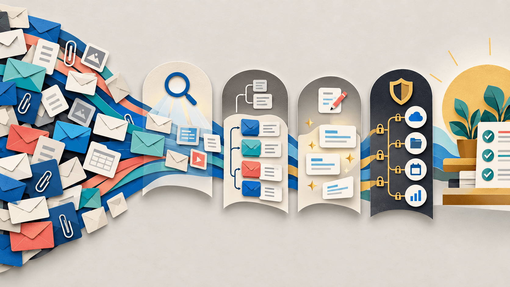 Shortwave Review 2026: AI Email Search, Writing & Pricing Paper-cut editorial illustration of a crowded inbox becoming cited search answers, reviewed drafts, organized threads, and permission-limited cross-app actions