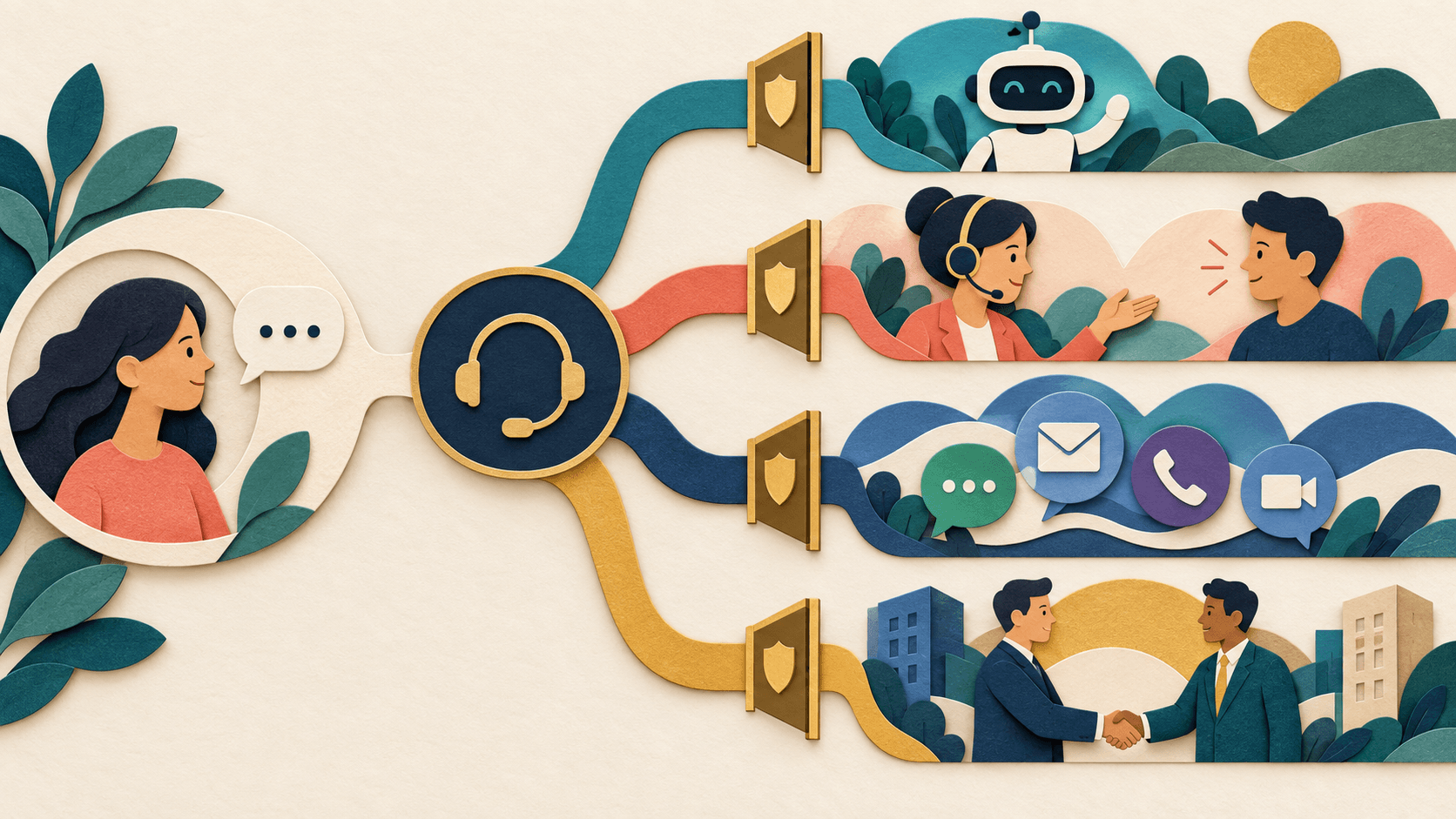Best Sierra AI Alternatives for Customer Service Paper-cut editorial illustration of four customer-service paths branching by autonomy agent assistance messaging and B2B channels