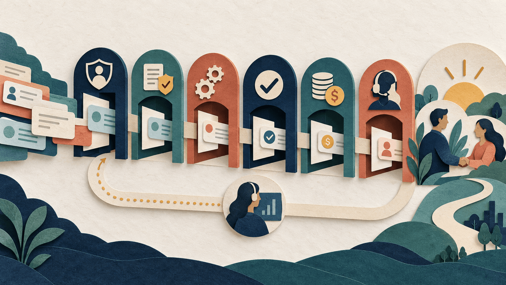 Sierra AI Review 2026: Agents, Pricing & Enterprise Fit Paper-cut editorial illustration of customer requests crossing identity, policy, action, resolution, billing, and human-escalation gates in an enterprise service workflow