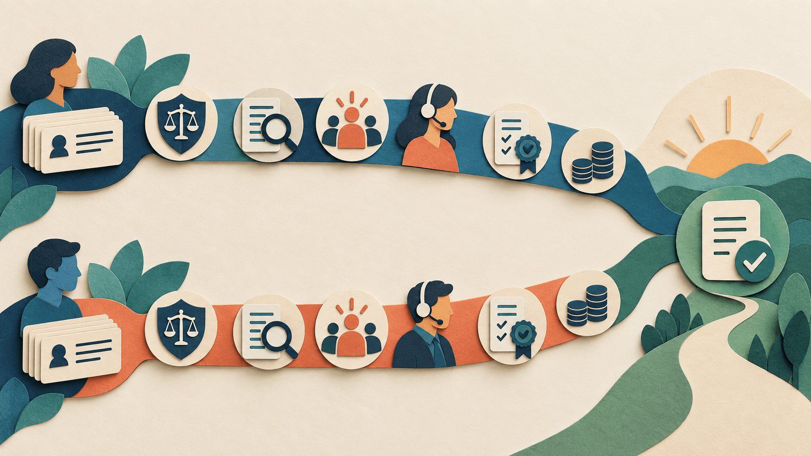 Sierra vs. Cresta: Which Customer-Service AI Fits? Paper-cut editorial illustration of two support systems resolving identical cases through policy escalation quality and cost gates