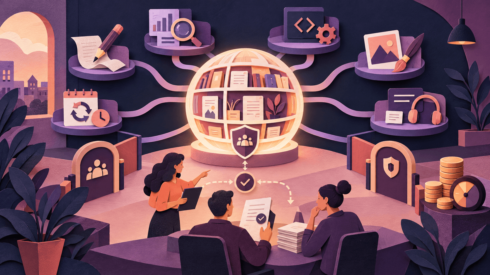 Sintra AI Review 2026 Paper-cut editorial illustration of a small business coordinating specialized AI helpers through one curated knowledge hub with permissions, review, recurring tasks, and credit controls