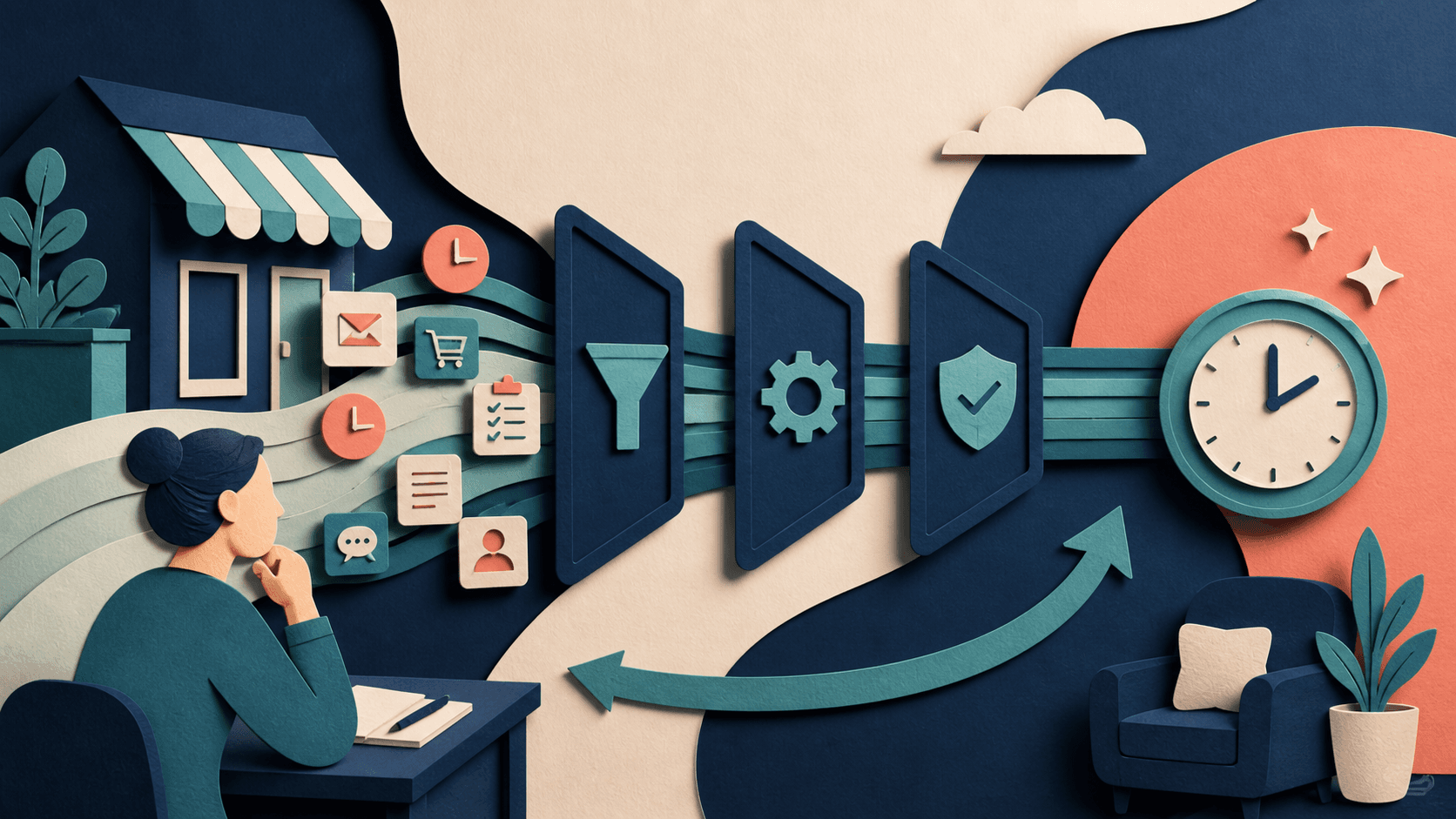 Small-business AI automation to save time Editorial illustration of a small-business owner routing repetitive weekly tasks through safe automation checkpoints to reclaim working hours