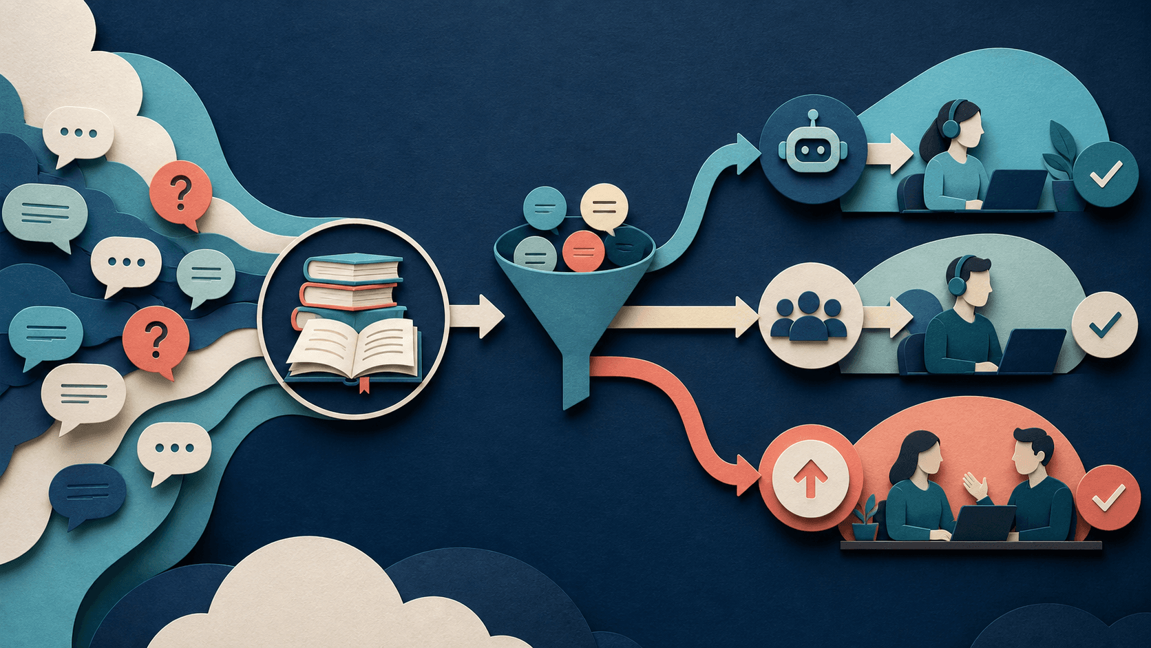 Small-business AI customer service automation Editorial illustration of customer questions moving through a knowledge base and triage system toward AI-assisted answers, human support, and escalations