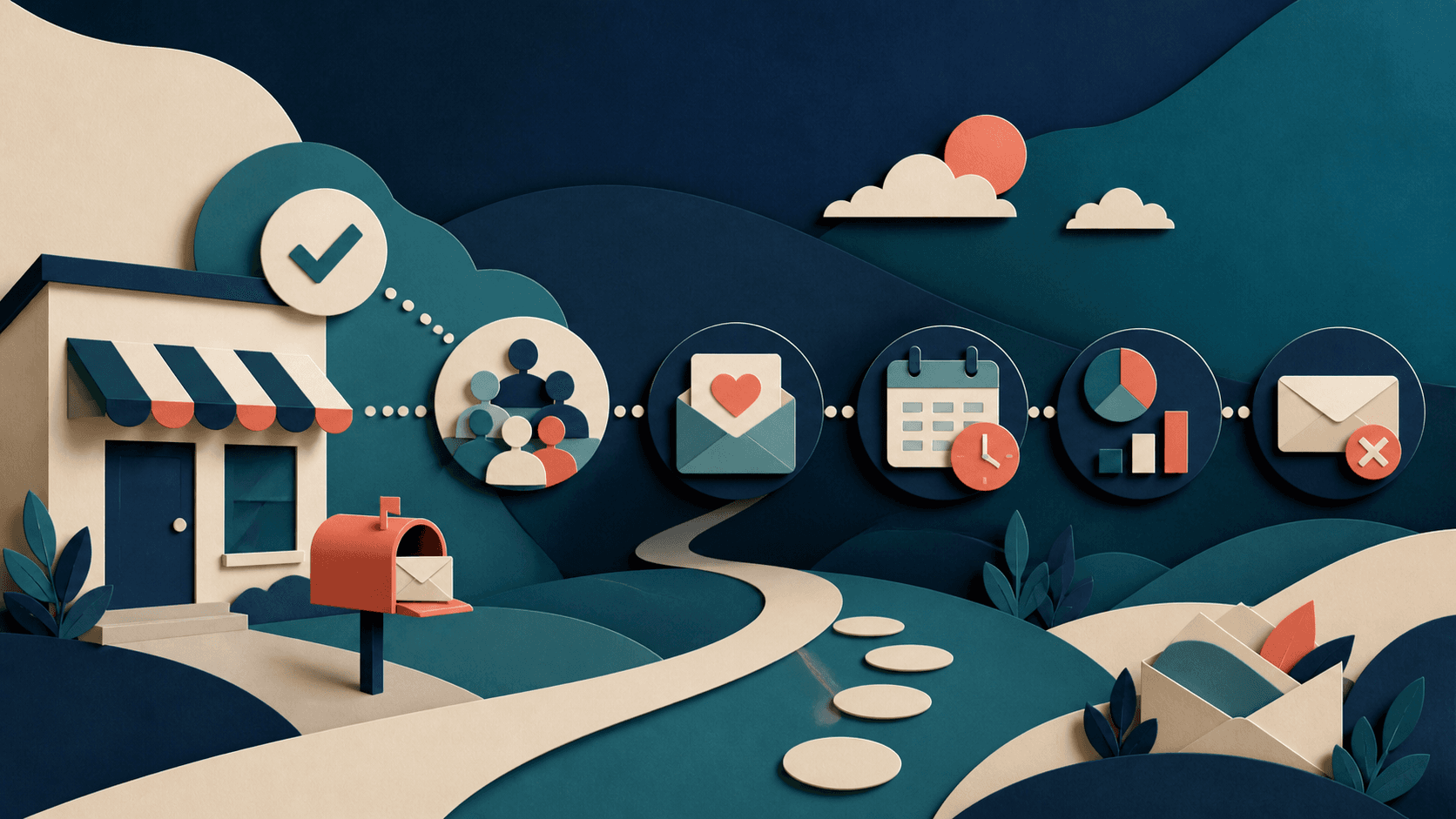 Small-business AI email marketing automation Editorial illustration of a small business guiding permission-based subscribers through segmentation, useful email messages, scheduling, measurement, and unsubscribe controls