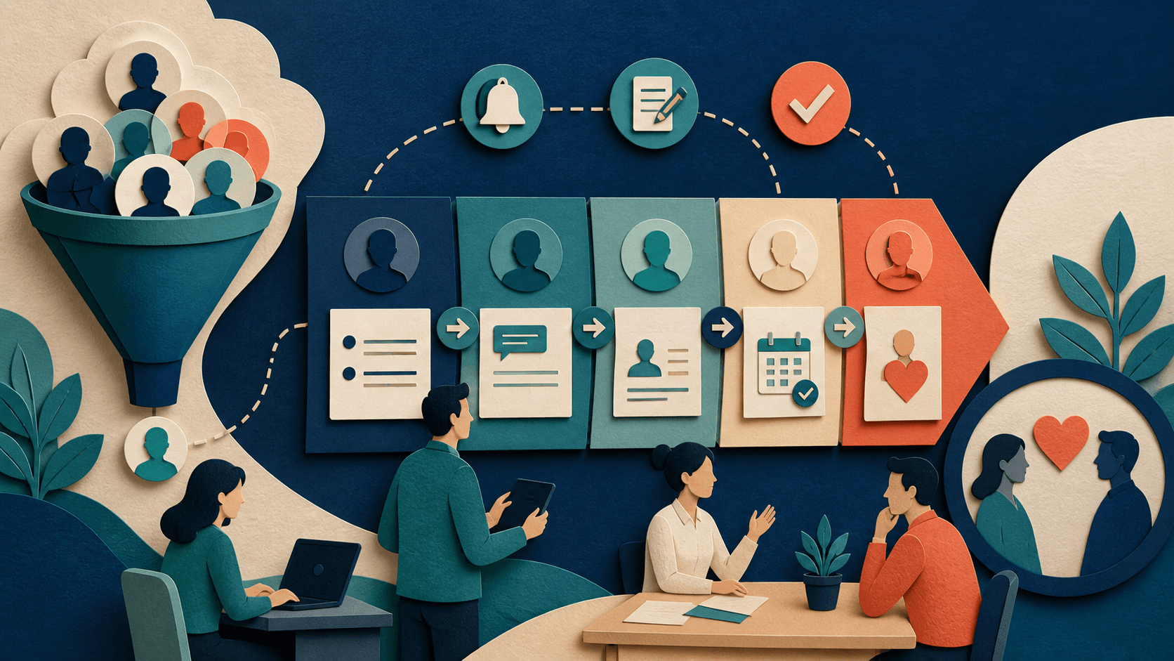 Small-business AI sales and CRM automation Editorial illustration of qualified leads moving through a small-business CRM pipeline with follow-up reminders, meeting notes, next actions, and human relationship decisions