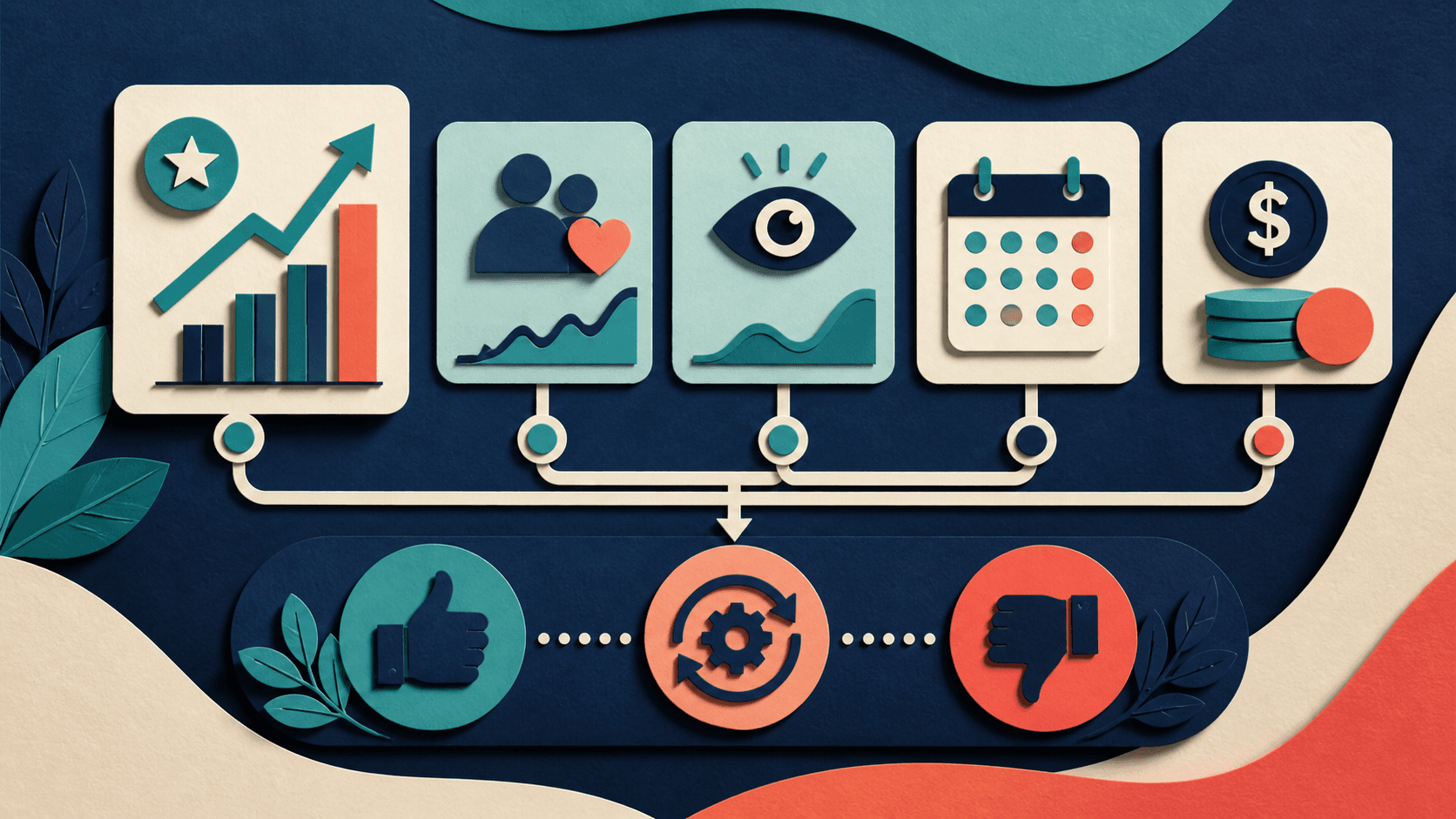Small business social media analytics dashboard Editorial illustration of a compact small-business scorecard connecting one commercial outcome, leading indicators, publishing consistency, and cost to actions