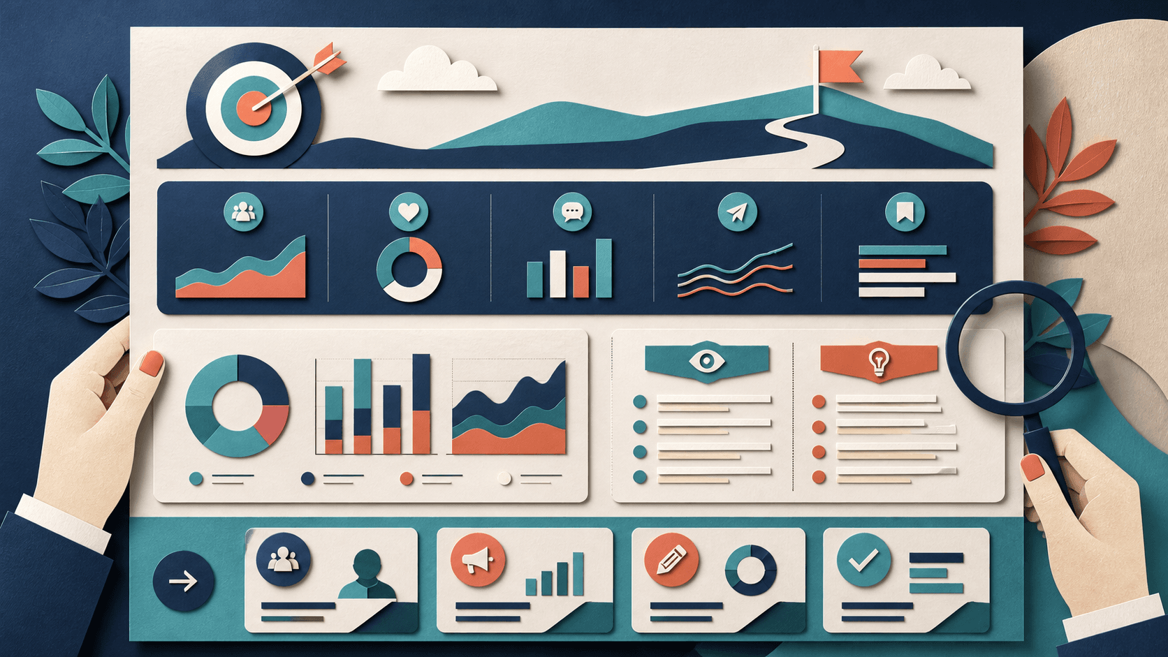 Social media report template for clients Editorial illustration of a client report organized around a business goal, compact scorecard, evidence charts, interpretation, and next actions