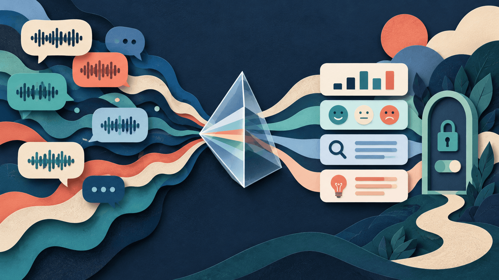Speak AI review: transcription and conversation analysis Paper-cut editorial illustration of audio waveforms becoming organized themes through an analysis prism and privacy gate